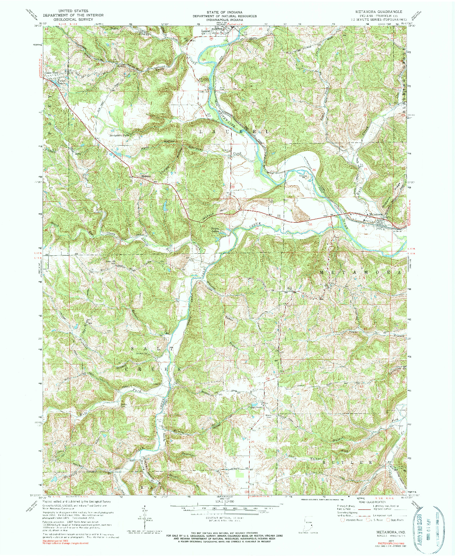 USGS 1:24000-SCALE QUADRANGLE FOR METAMORA, IN 1972