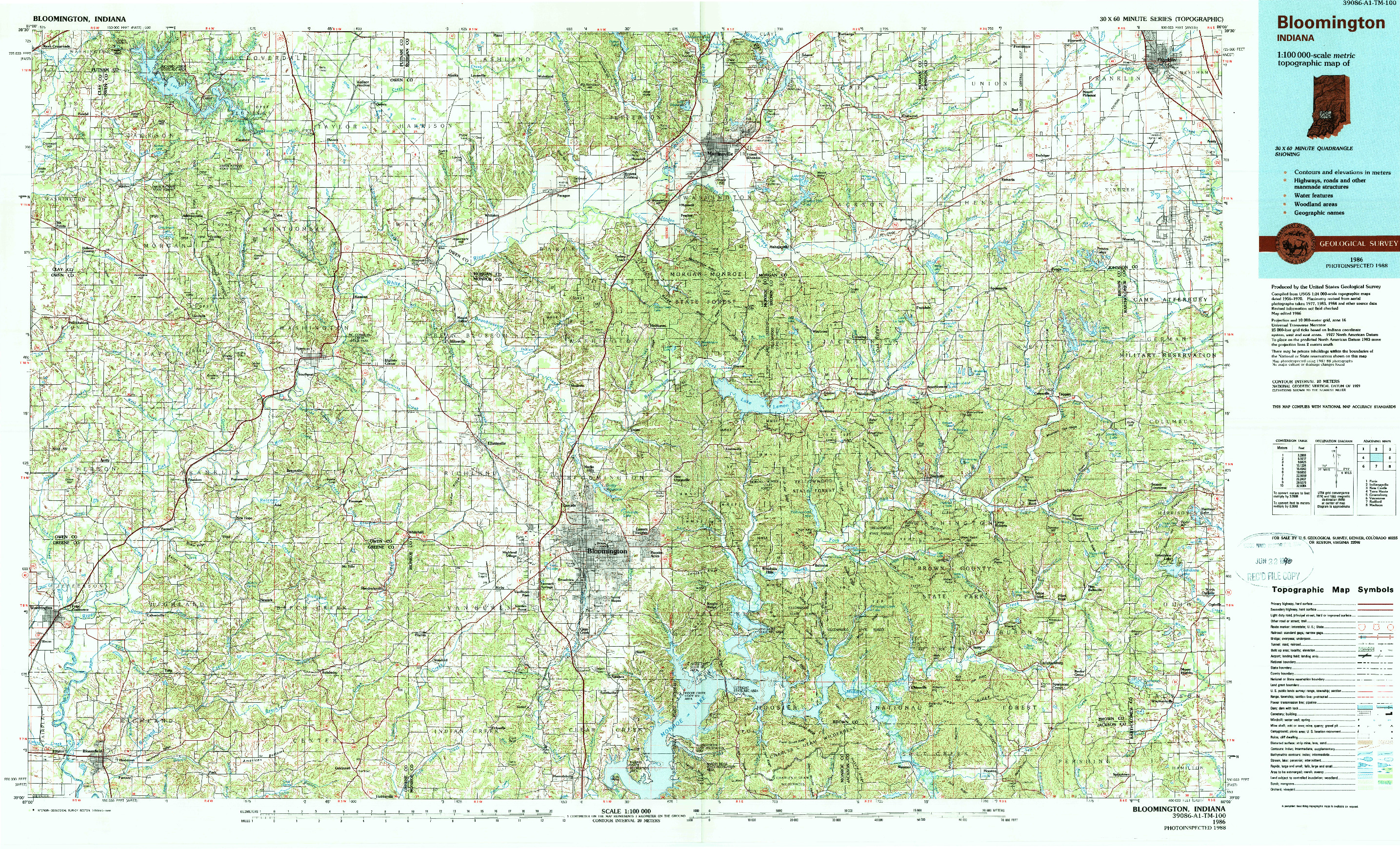 USGS 1:100000-SCALE QUADRANGLE FOR BLOOMINGTON, IN 1986