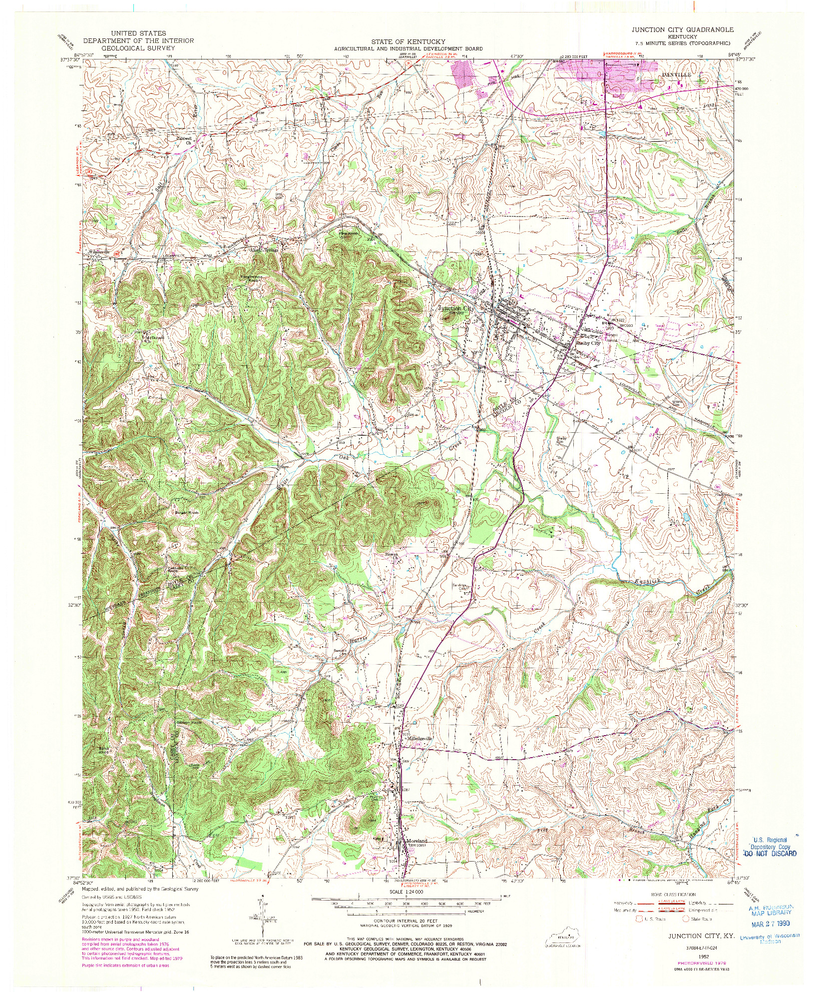 USGS 1:24000-SCALE QUADRANGLE FOR JUNCTION CITY, KY 1952