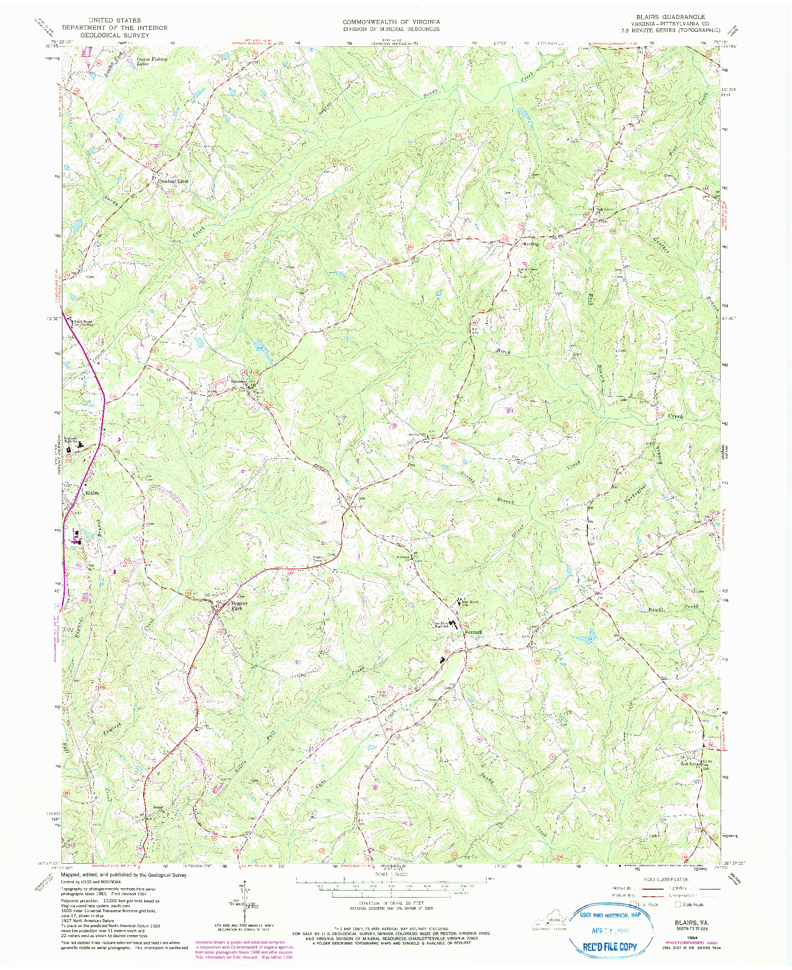 USGS 1:24000-SCALE QUADRANGLE FOR BLAIRS, VA 1964