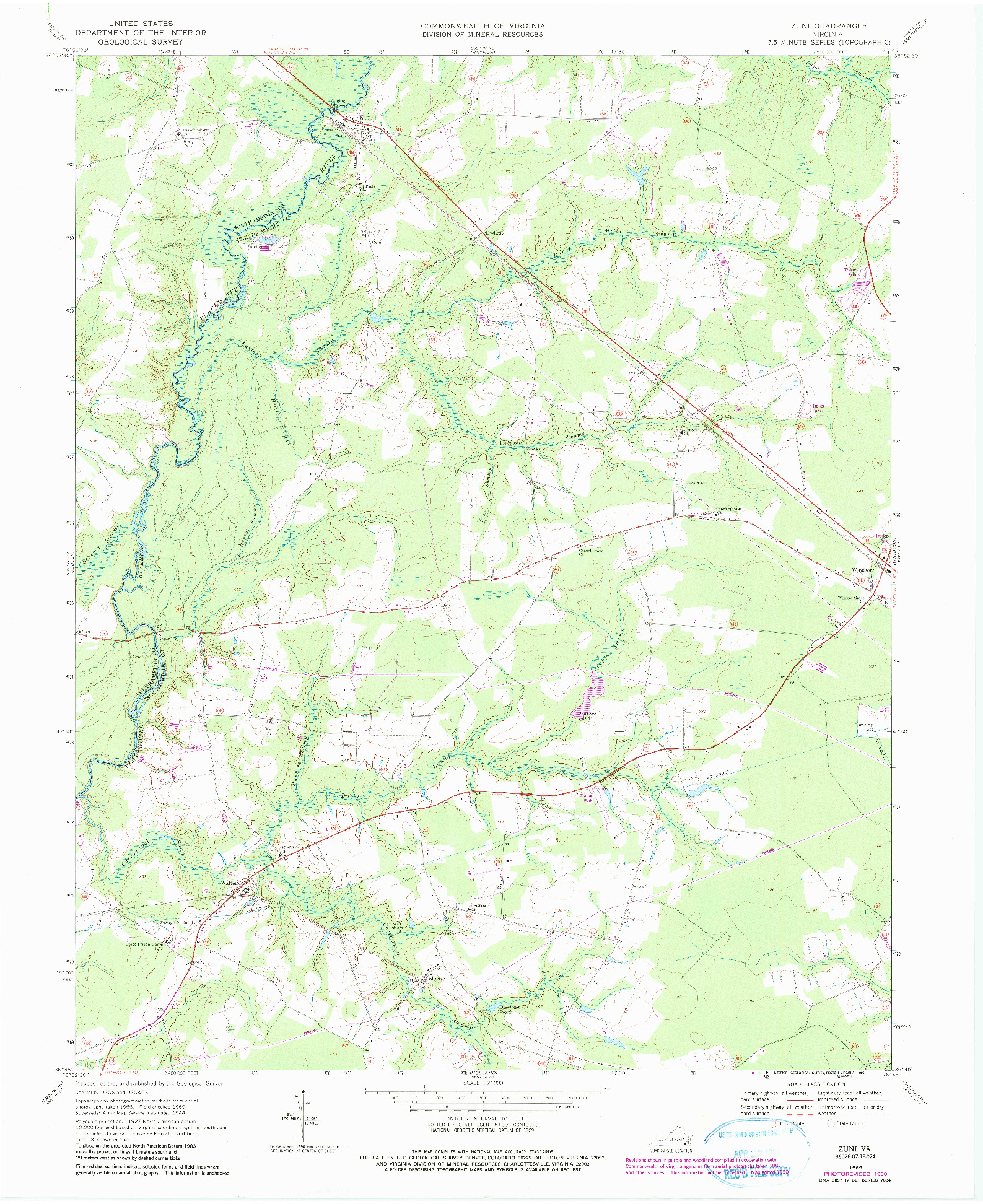 USGS 1:24000-SCALE QUADRANGLE FOR ZUNI, VA 1969