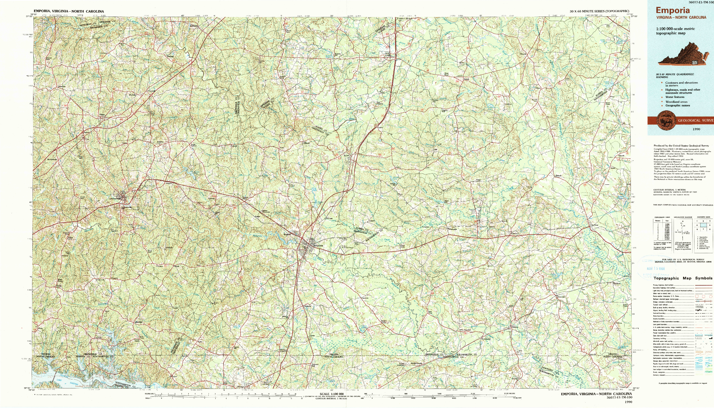 USGS 1:100000-SCALE QUADRANGLE FOR EMPORIA, VA 1990