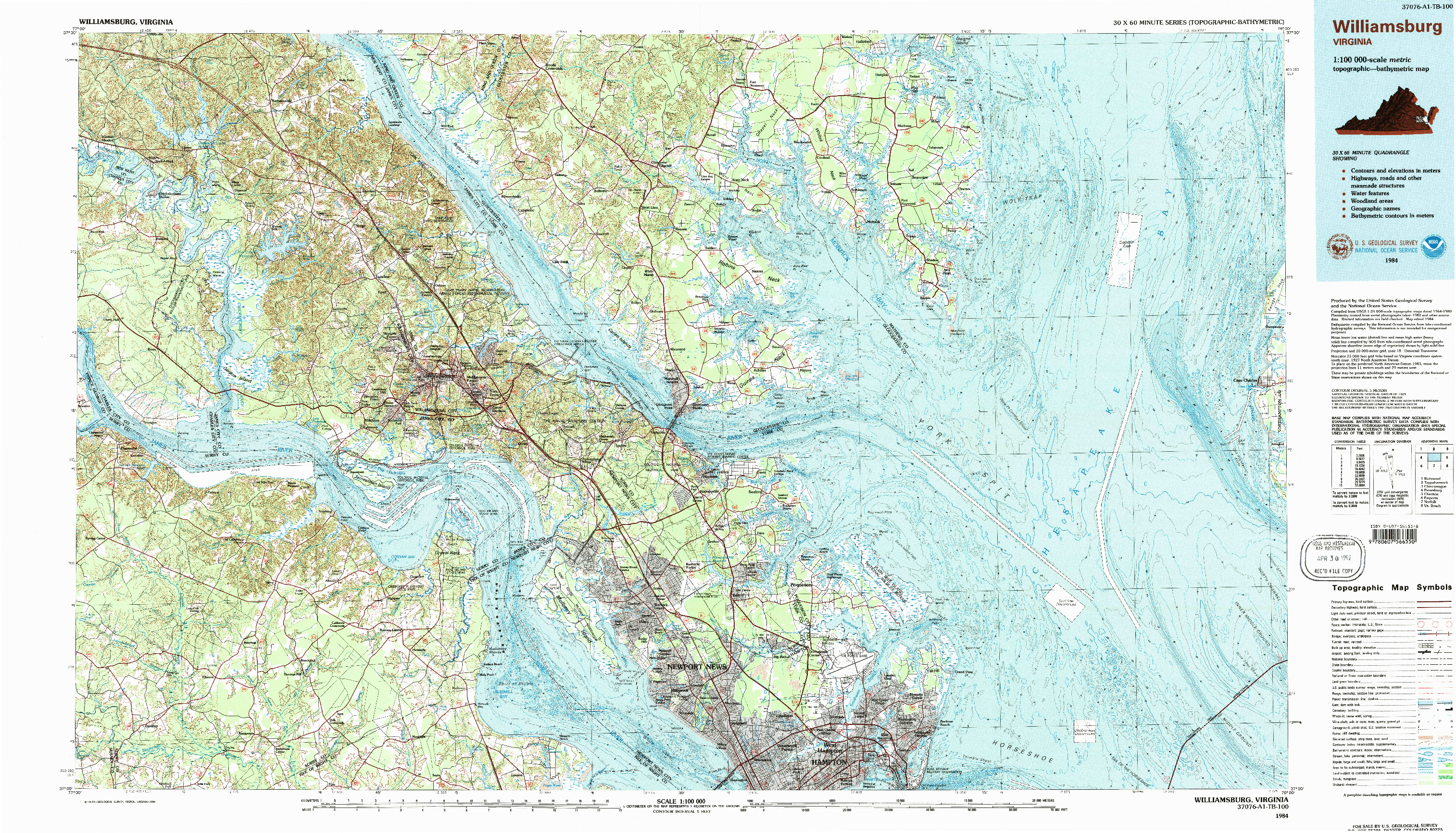 USGS 1:100000-SCALE QUADRANGLE FOR WILLIAMSBURG, VA 1984