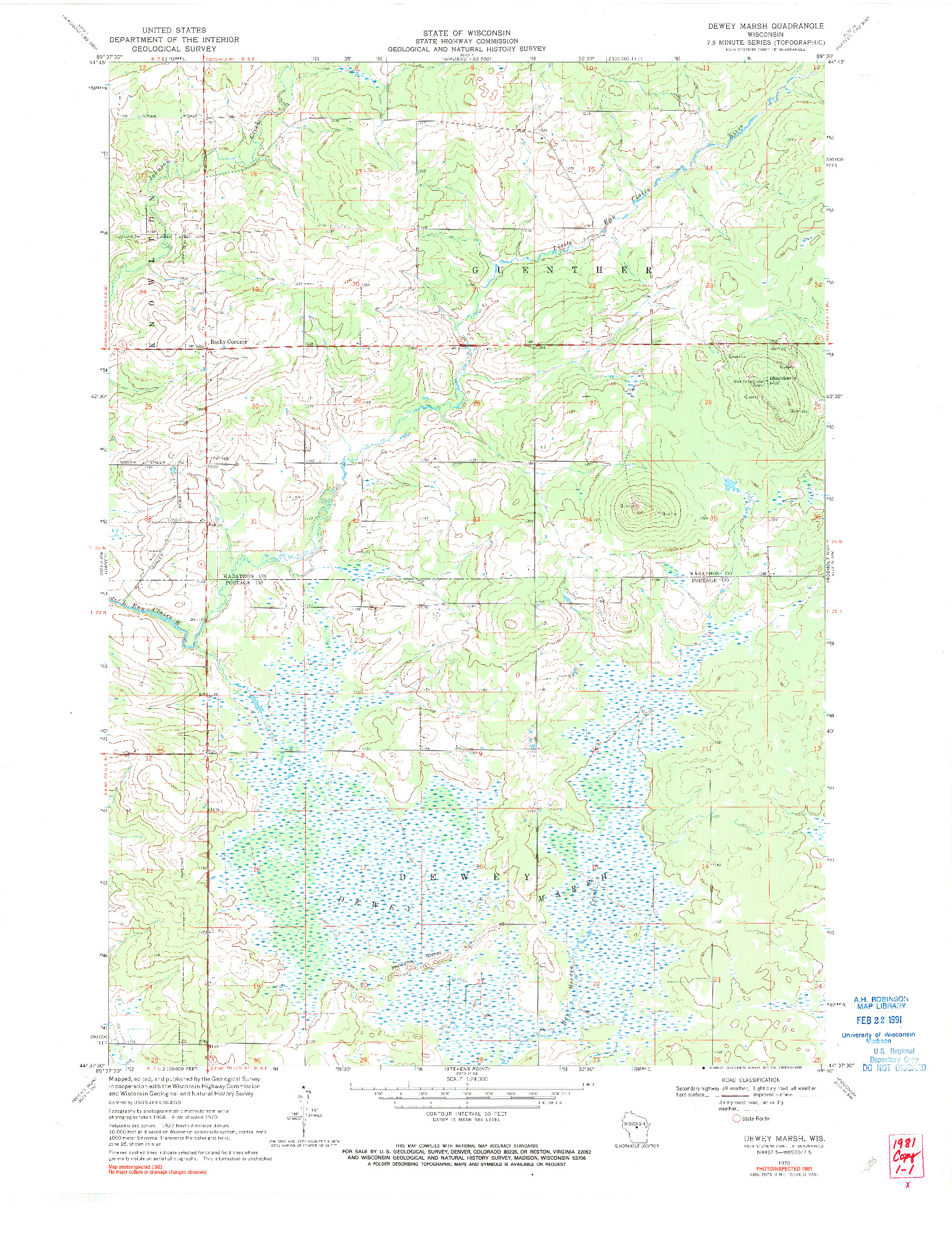 USGS 1:24000-SCALE QUADRANGLE FOR DEWEY MARSH, WI 1970