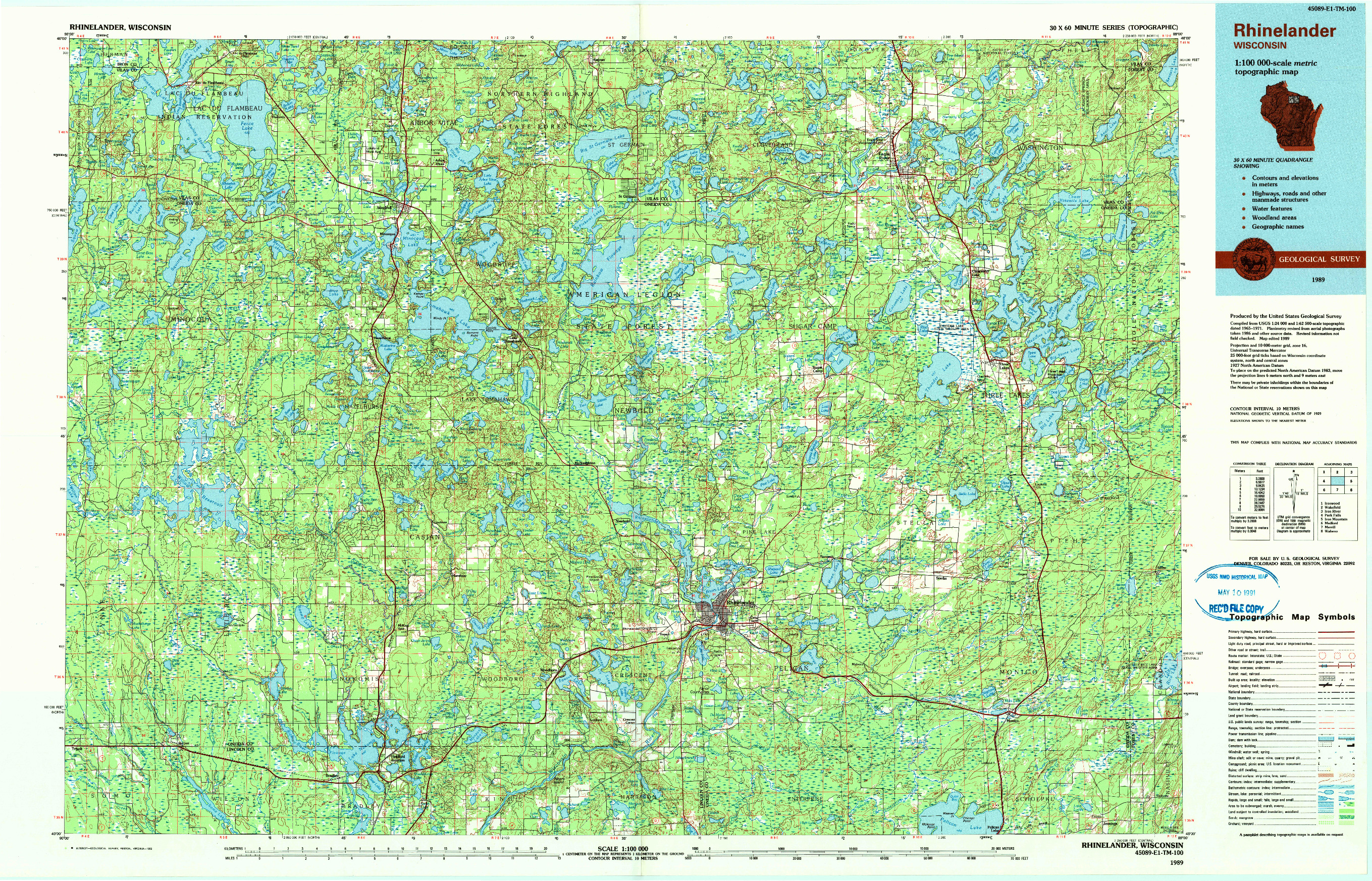 USGS 1:100000-SCALE QUADRANGLE FOR RHINELANDER, WI 1989