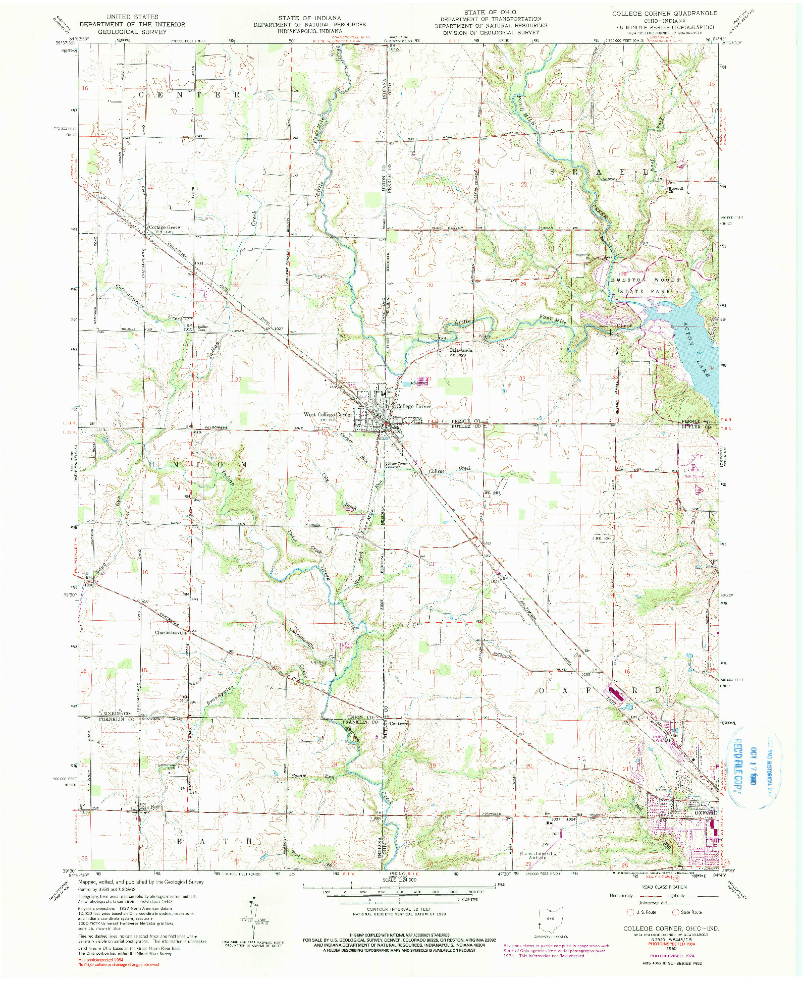USGS 1:24000-SCALE QUADRANGLE FOR COLLEGE CORNER, OH 1960
