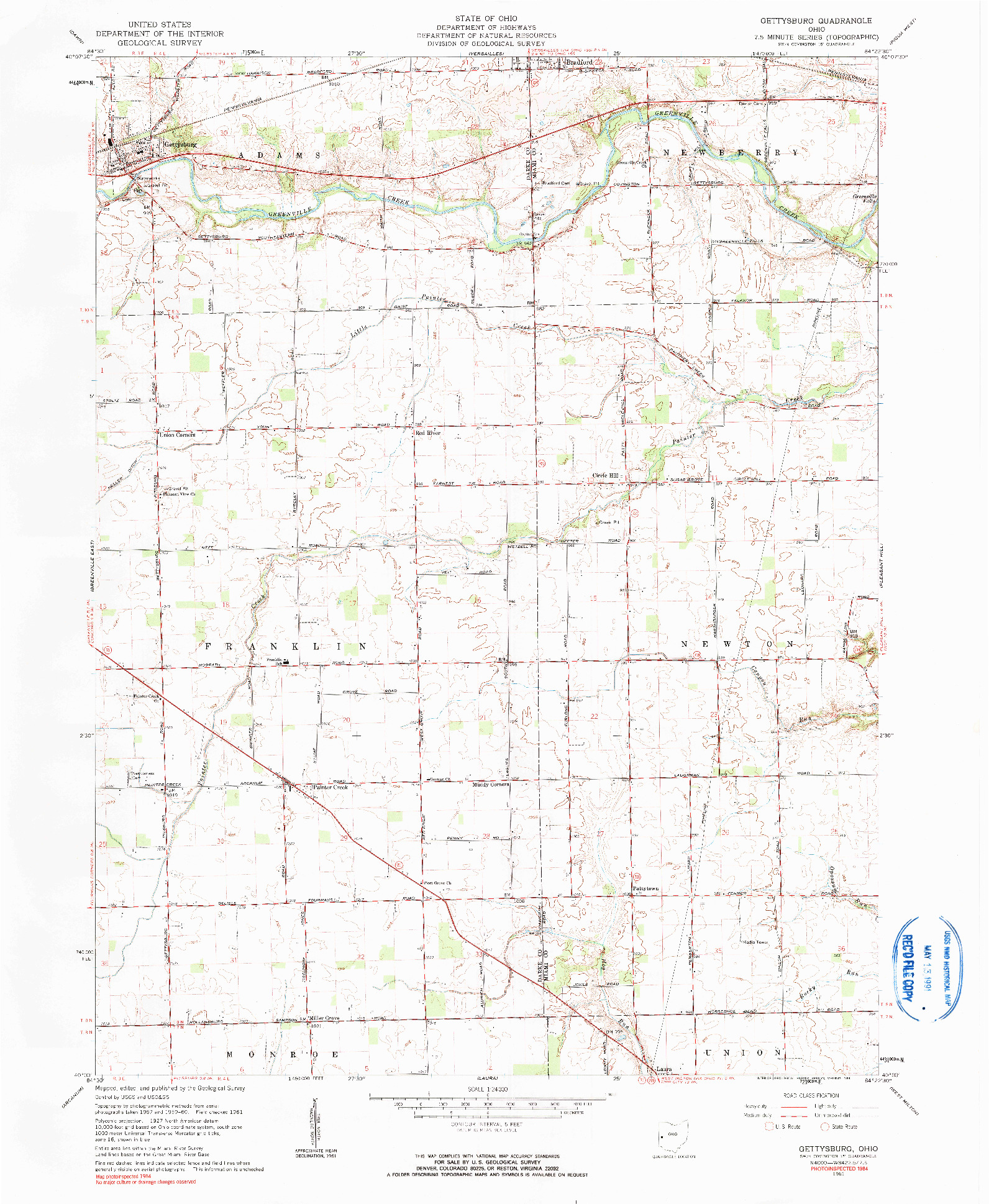 USGS 1:24000-SCALE QUADRANGLE FOR GETTYSBURG, OH 1961