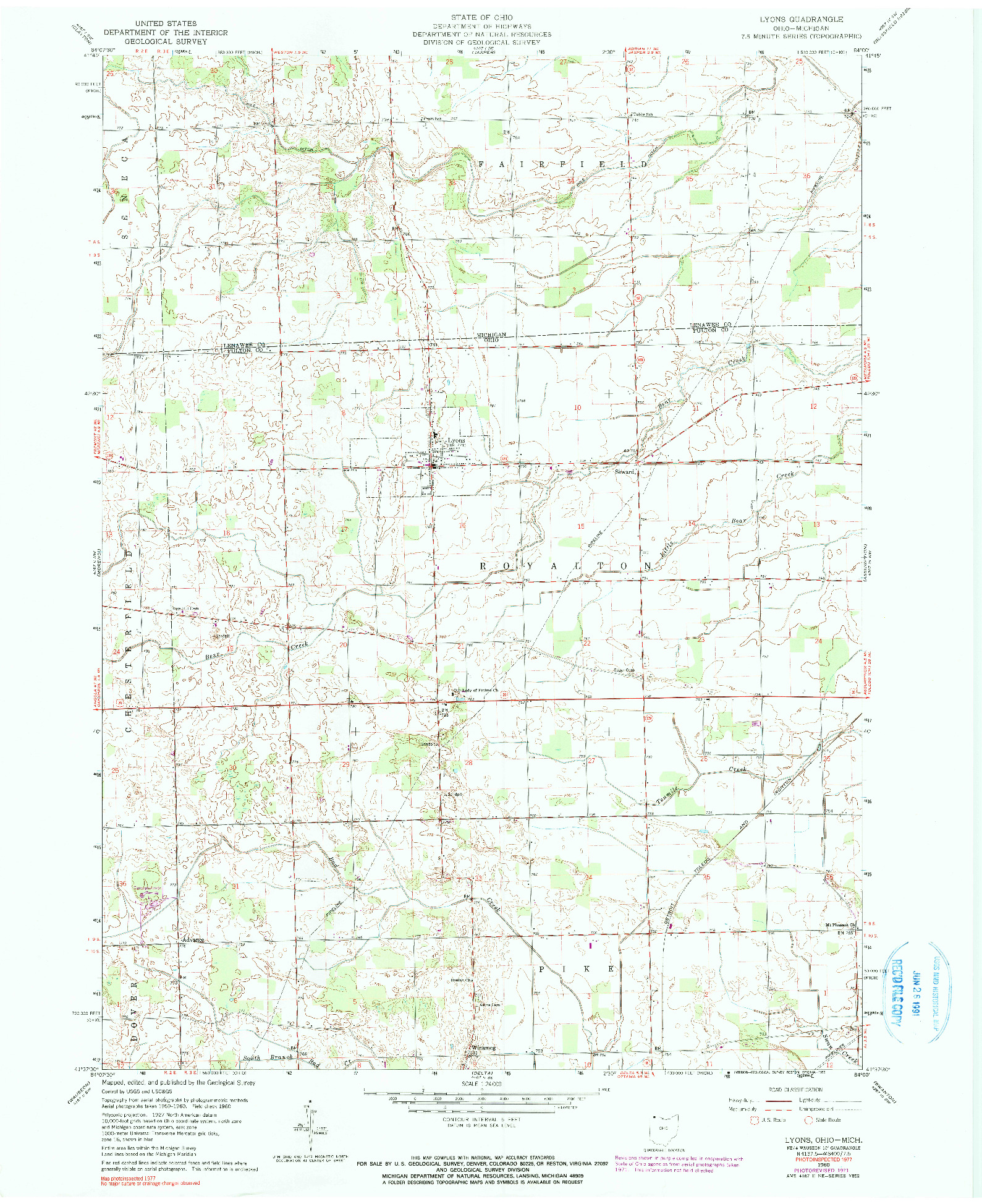 USGS 1:24000-SCALE QUADRANGLE FOR LYONS, OH 1960