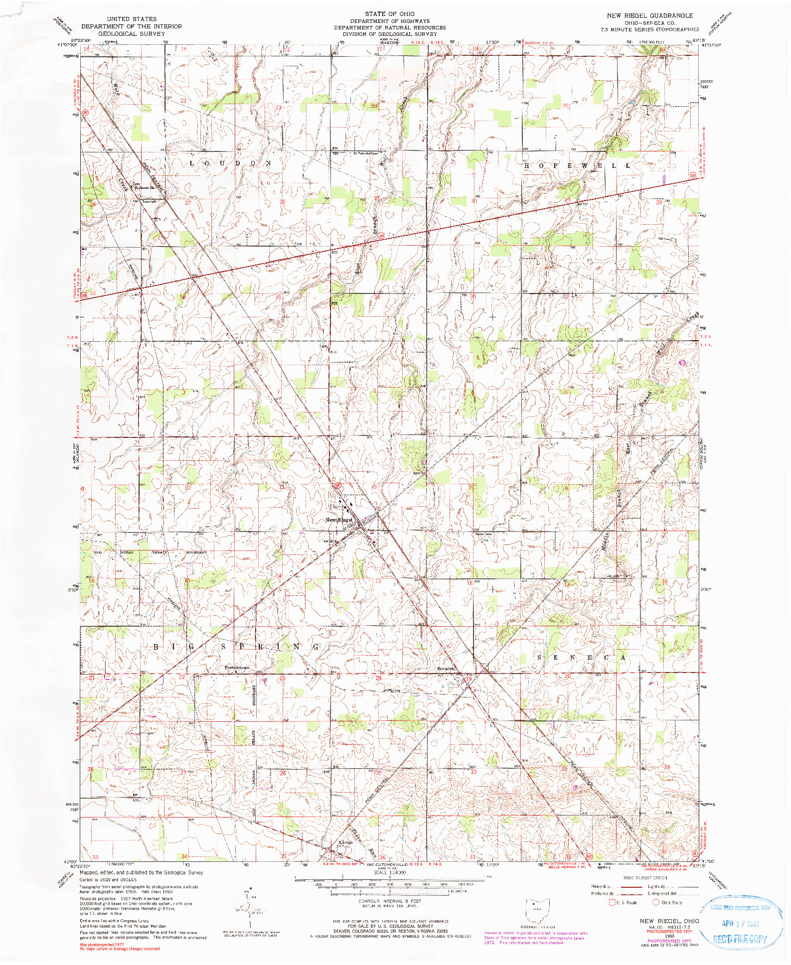 USGS 1:24000-SCALE QUADRANGLE FOR NEW RIEGEL, OH 1960