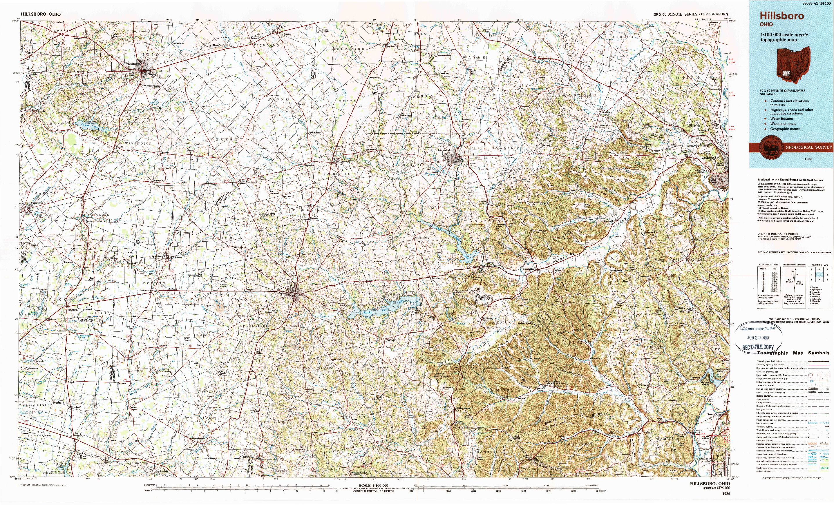 USGS 1:100000-SCALE QUADRANGLE FOR HILLSBORO, OH 1986