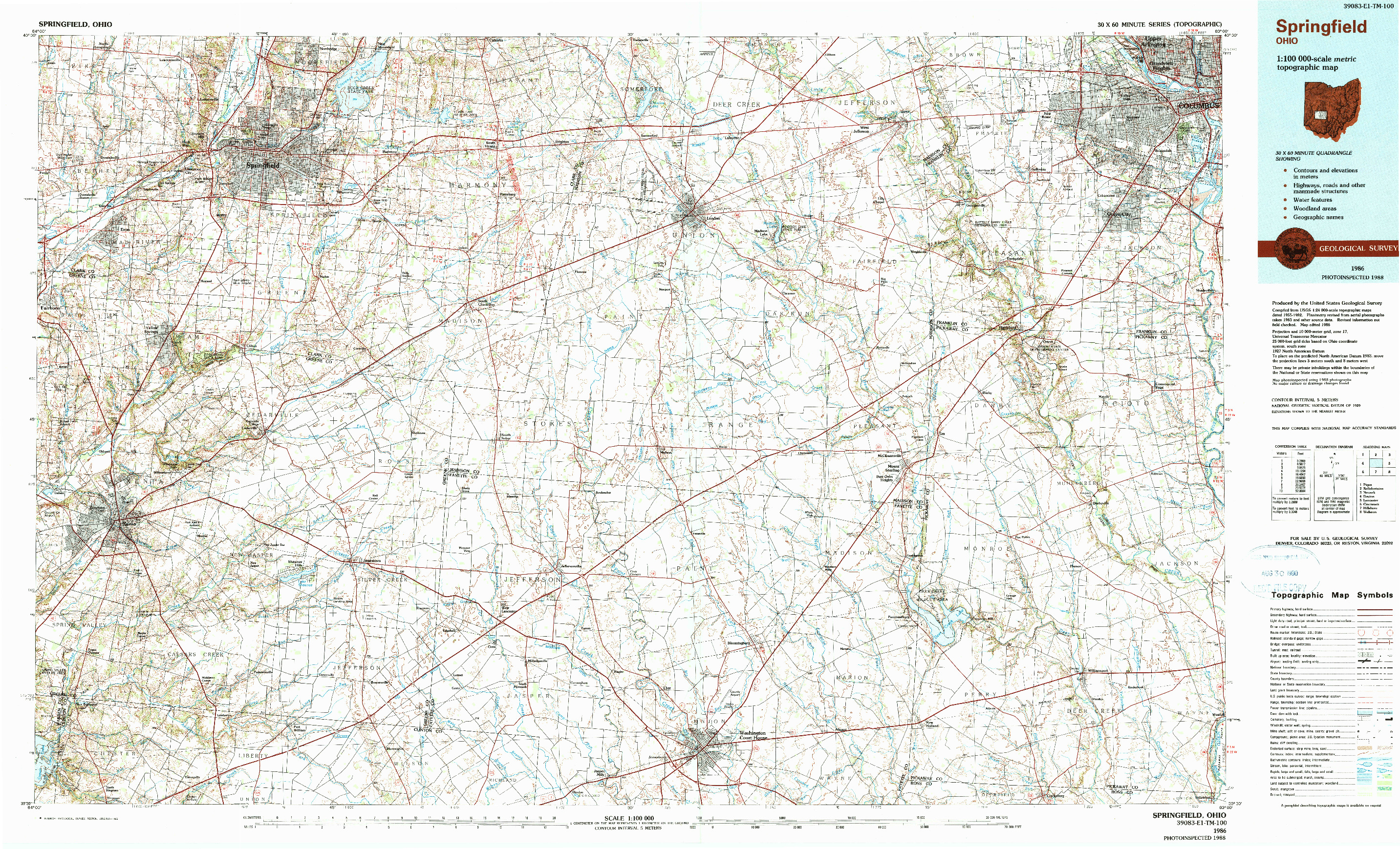 USGS 1:100000-SCALE QUADRANGLE FOR SPRINGFIELD, OH 1986