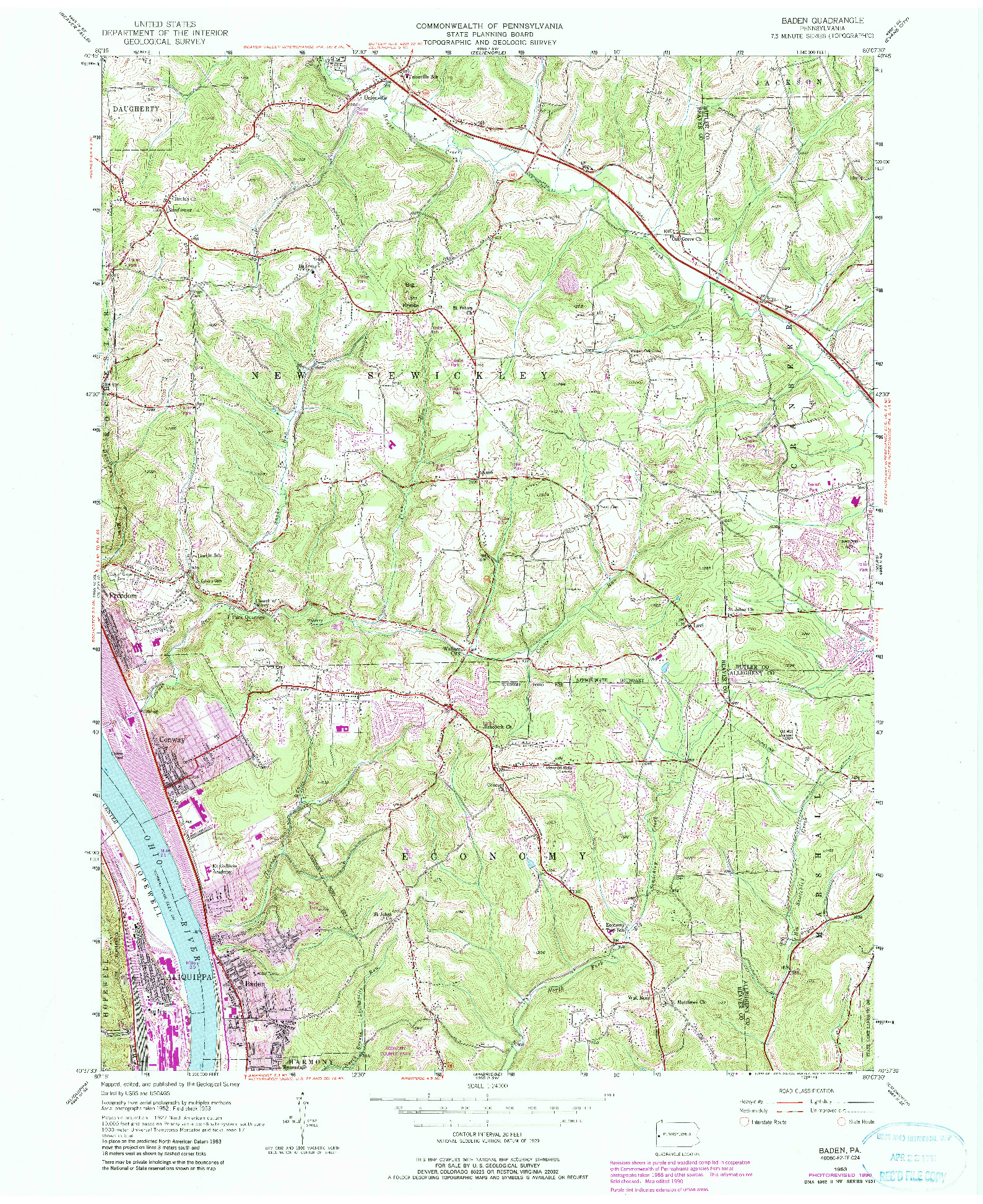 USGS 1:24000-SCALE QUADRANGLE FOR BADEN, PA 1953