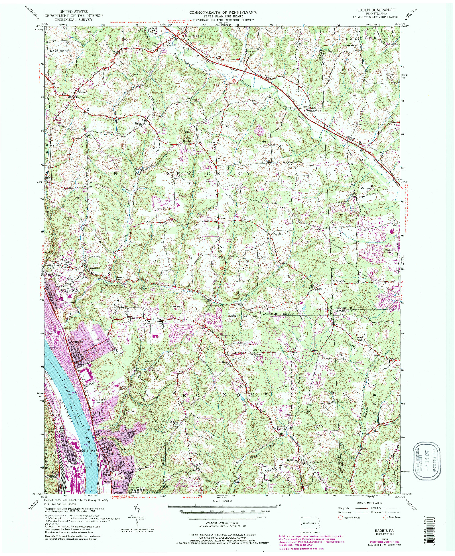 USGS 1:24000-SCALE QUADRANGLE FOR BADEN, PA 1953