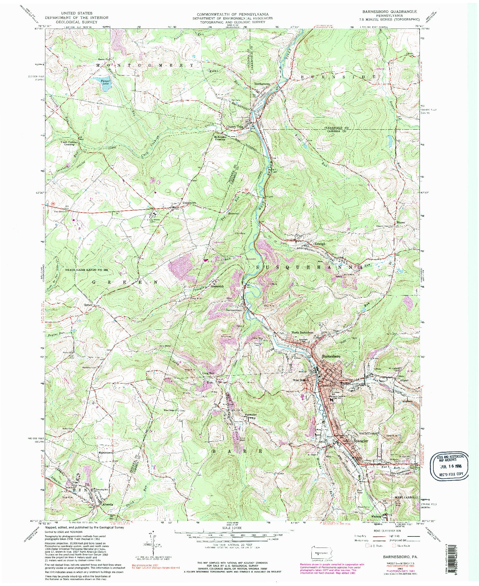 USGS 1:24000-SCALE QUADRANGLE FOR BARNESBORO, PA 1961