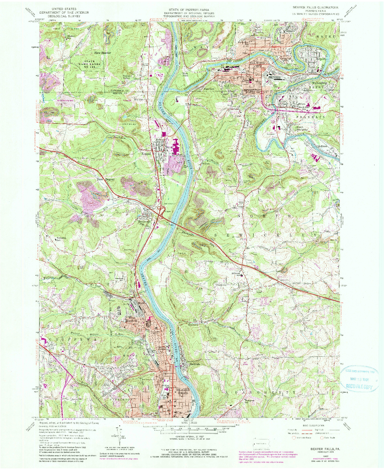 USGS 1:24000-SCALE QUADRANGLE FOR BEAVER FALLS, PA 1957