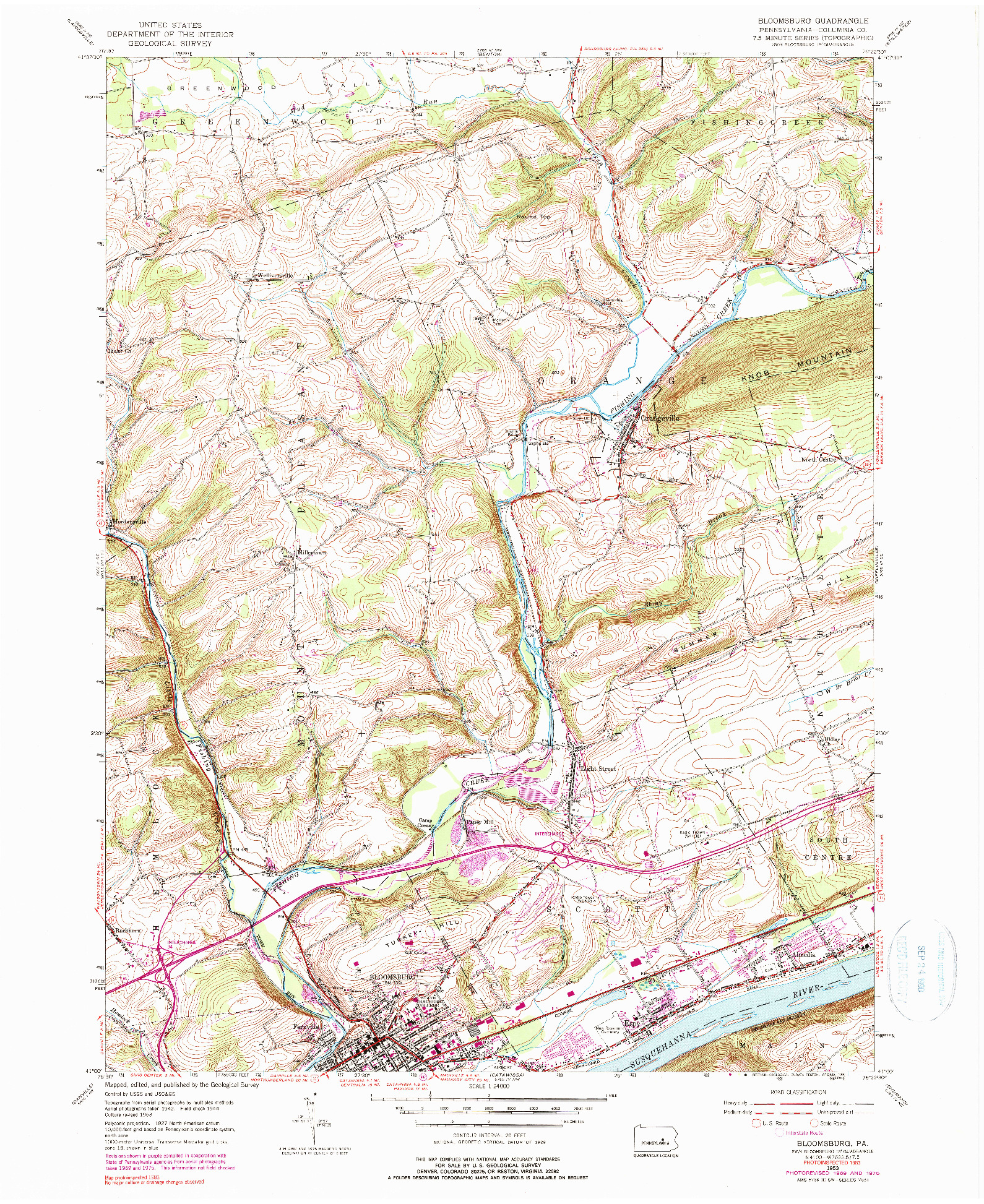 USGS 1:24000-SCALE QUADRANGLE FOR BLOOMSBURG, PA 1953