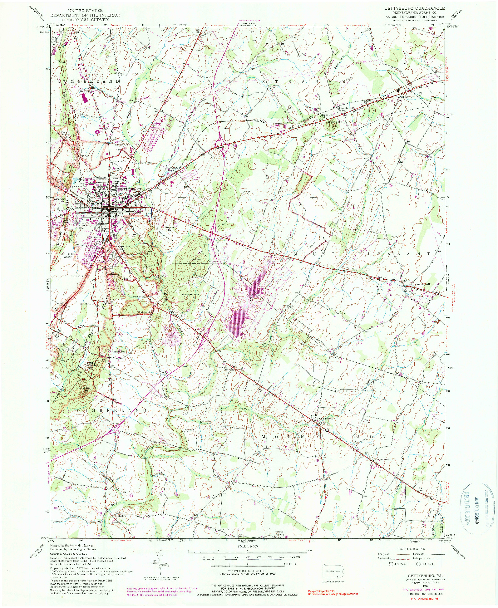 USGS 1:24000-SCALE QUADRANGLE FOR GETTYSBURG, PA 1951