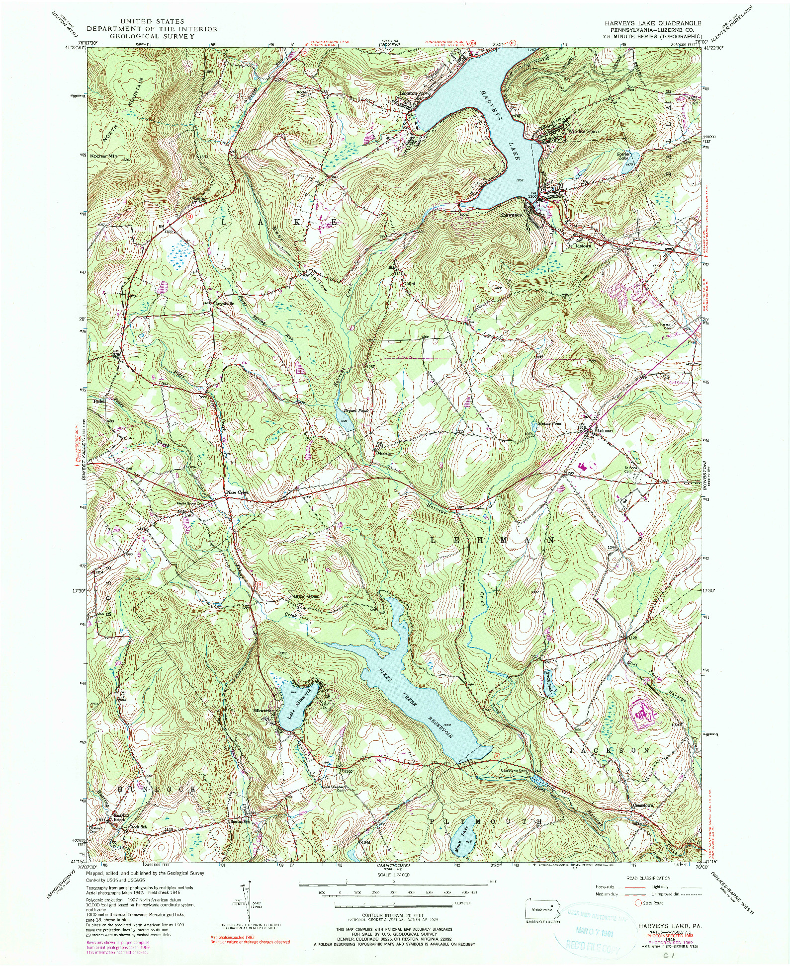 USGS 1:24000-SCALE QUADRANGLE FOR HARVEYS LAKE, PA 1946