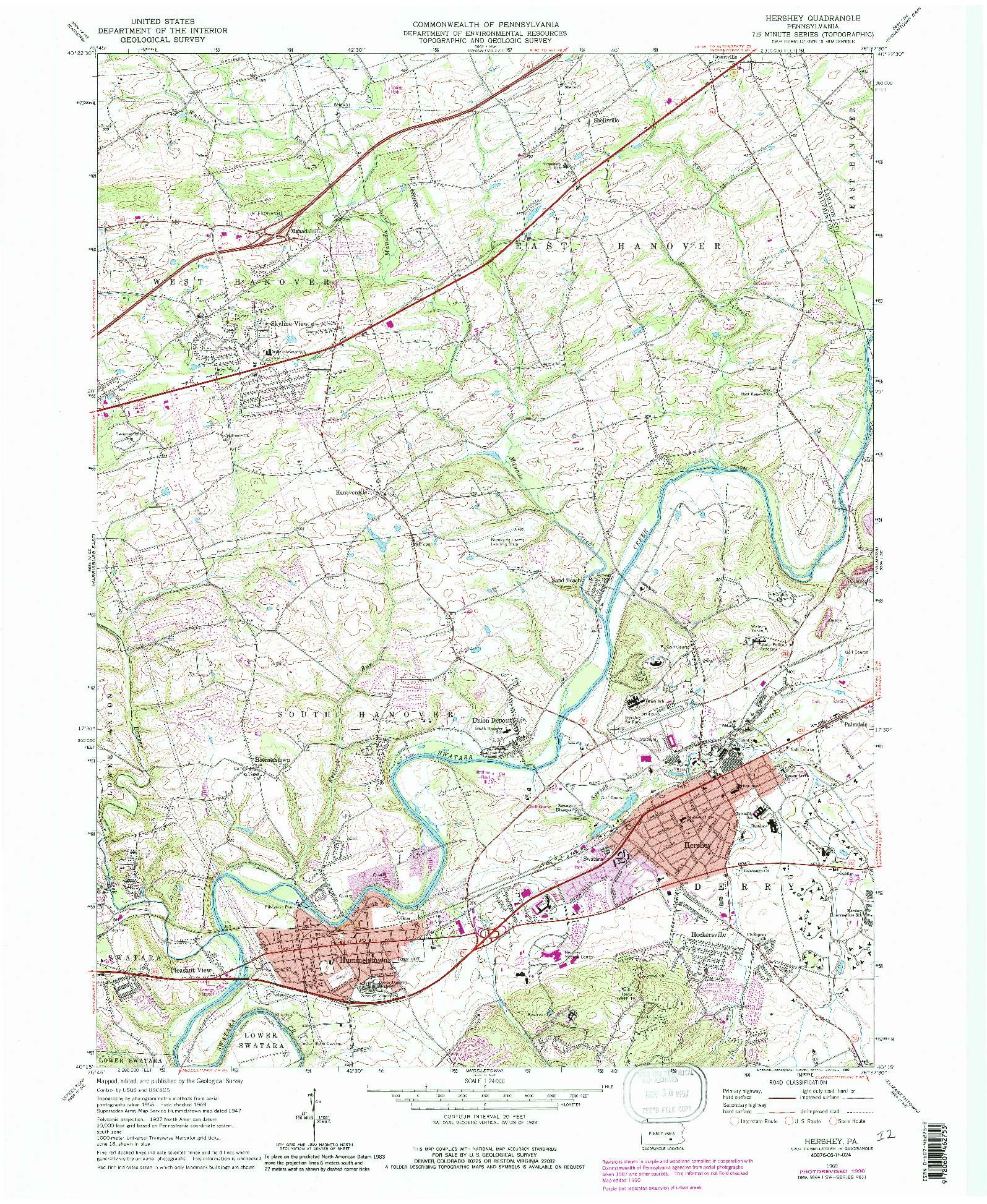 USGS 1:24000-SCALE QUADRANGLE FOR HERSHEY, PA 1969