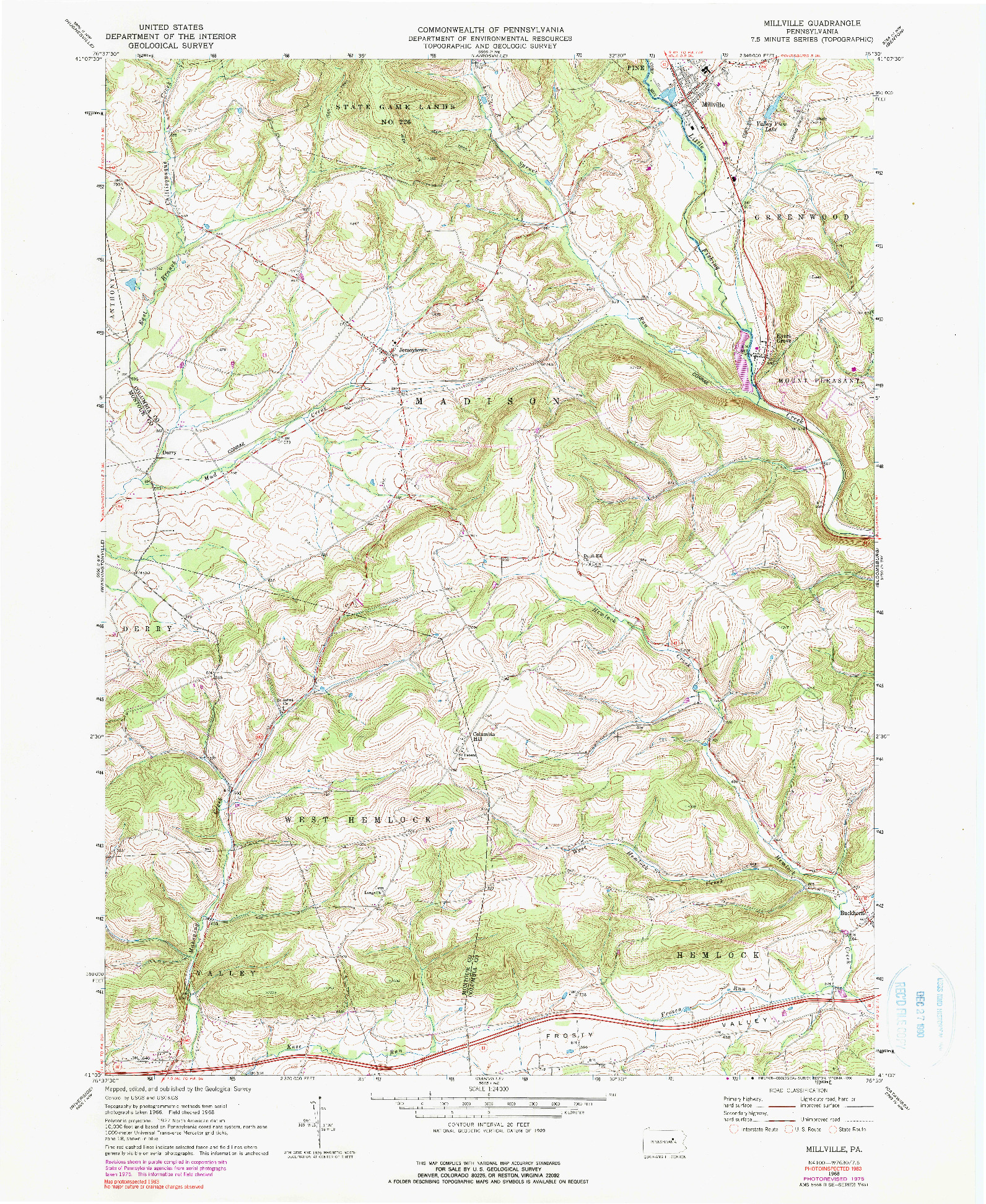 USGS 1:24000-SCALE QUADRANGLE FOR MILLVILLE, PA 1968