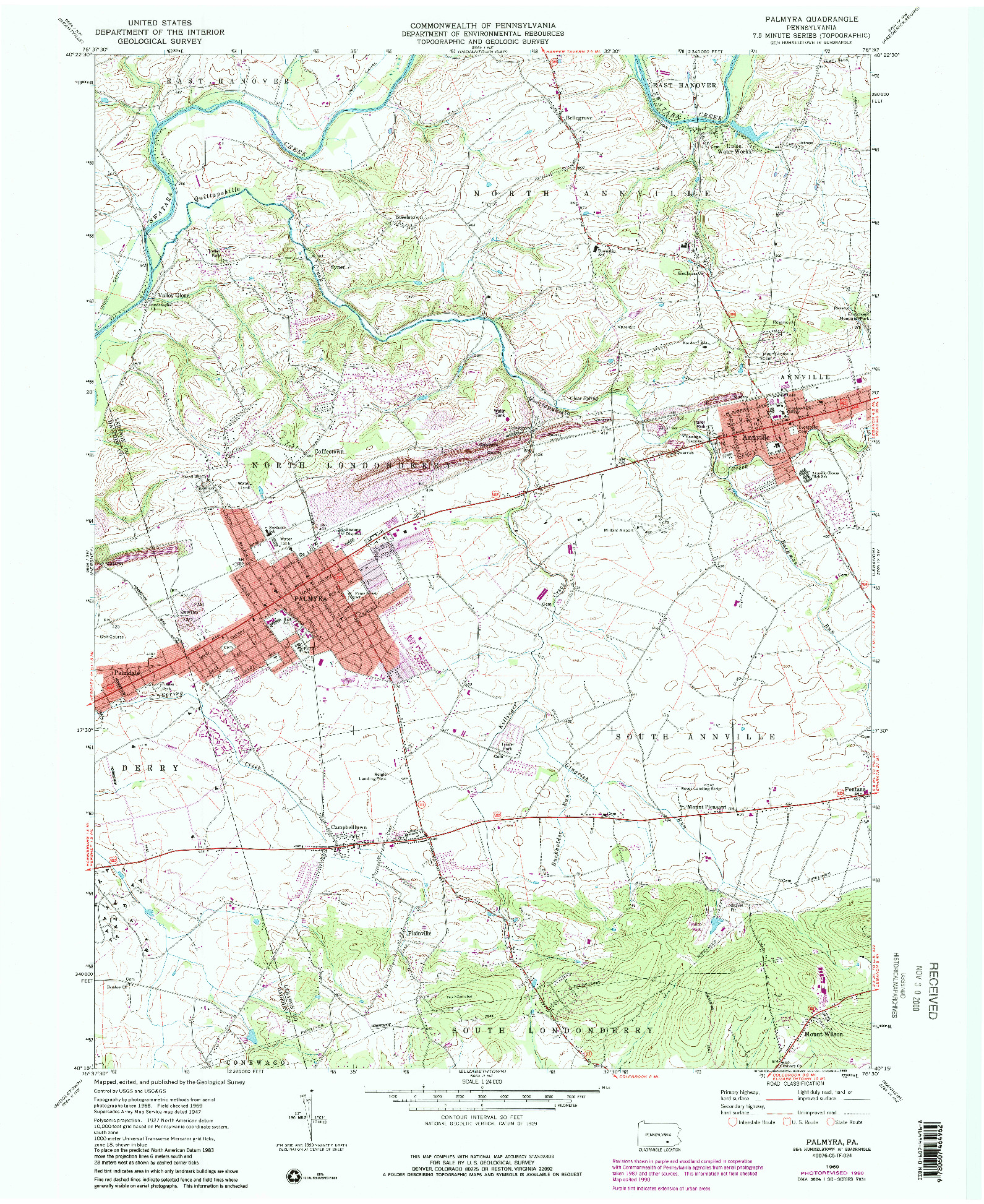 USGS 1:24000-SCALE QUADRANGLE FOR PALMYRA, PA 1969