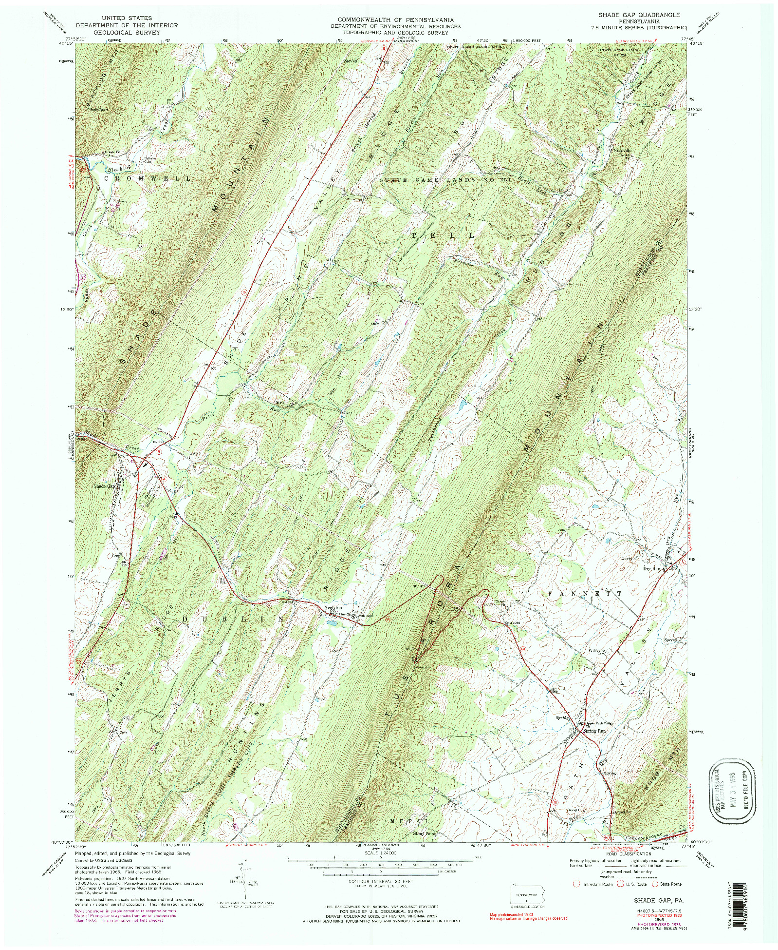 USGS 1:24000-SCALE QUADRANGLE FOR SHADE GAP, PA 1966