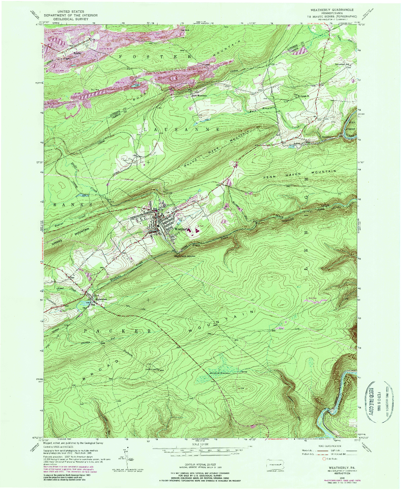 USGS 1:24000-SCALE QUADRANGLE FOR WEATHERLY, PA 1948