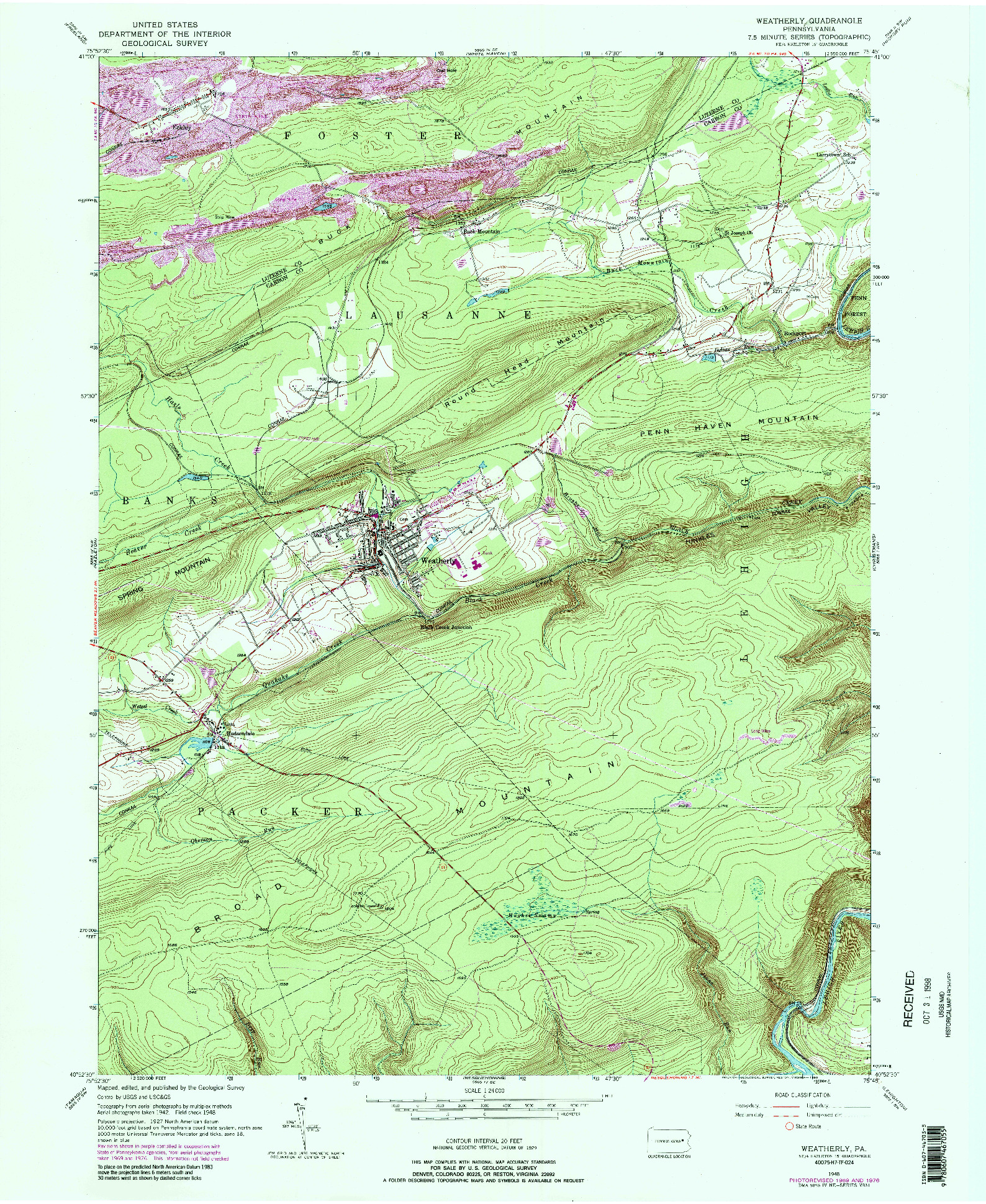 USGS 1:24000-SCALE QUADRANGLE FOR WEATHERLY, PA 1948