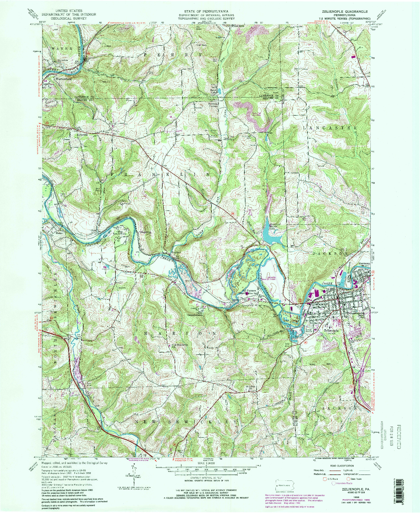 USGS 1:24000-SCALE QUADRANGLE FOR ZELIENOPLE, PA 1958