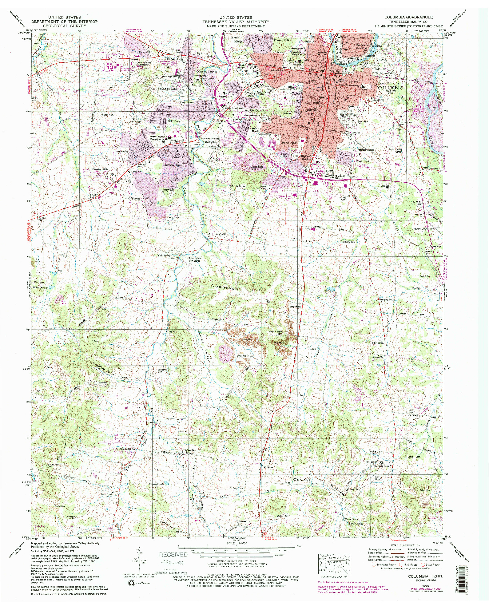 USGS 1:24000-SCALE QUADRANGLE FOR COLUMBIA, TN 1965