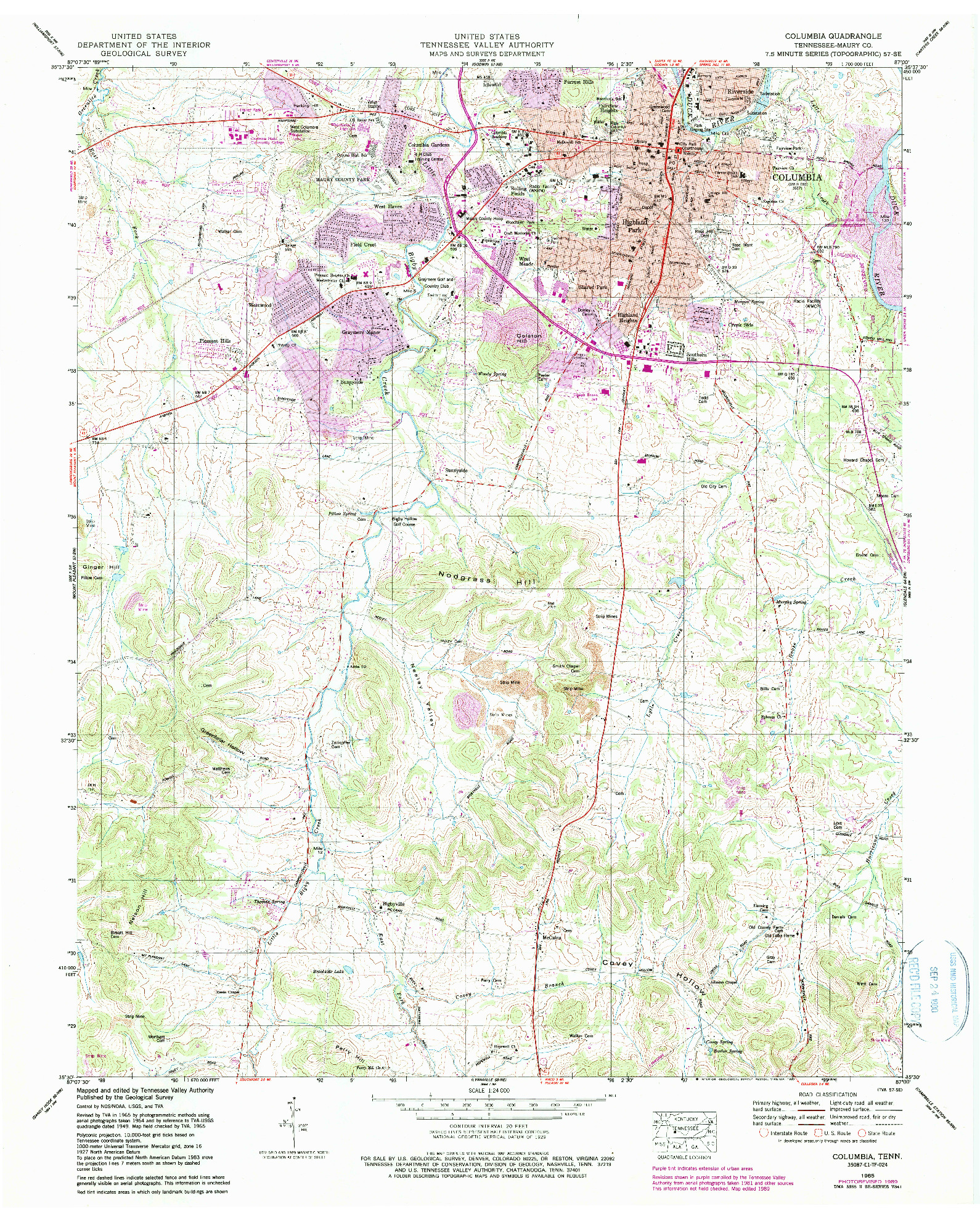 USGS 1:24000-SCALE QUADRANGLE FOR COLUMBIA, TN 1965