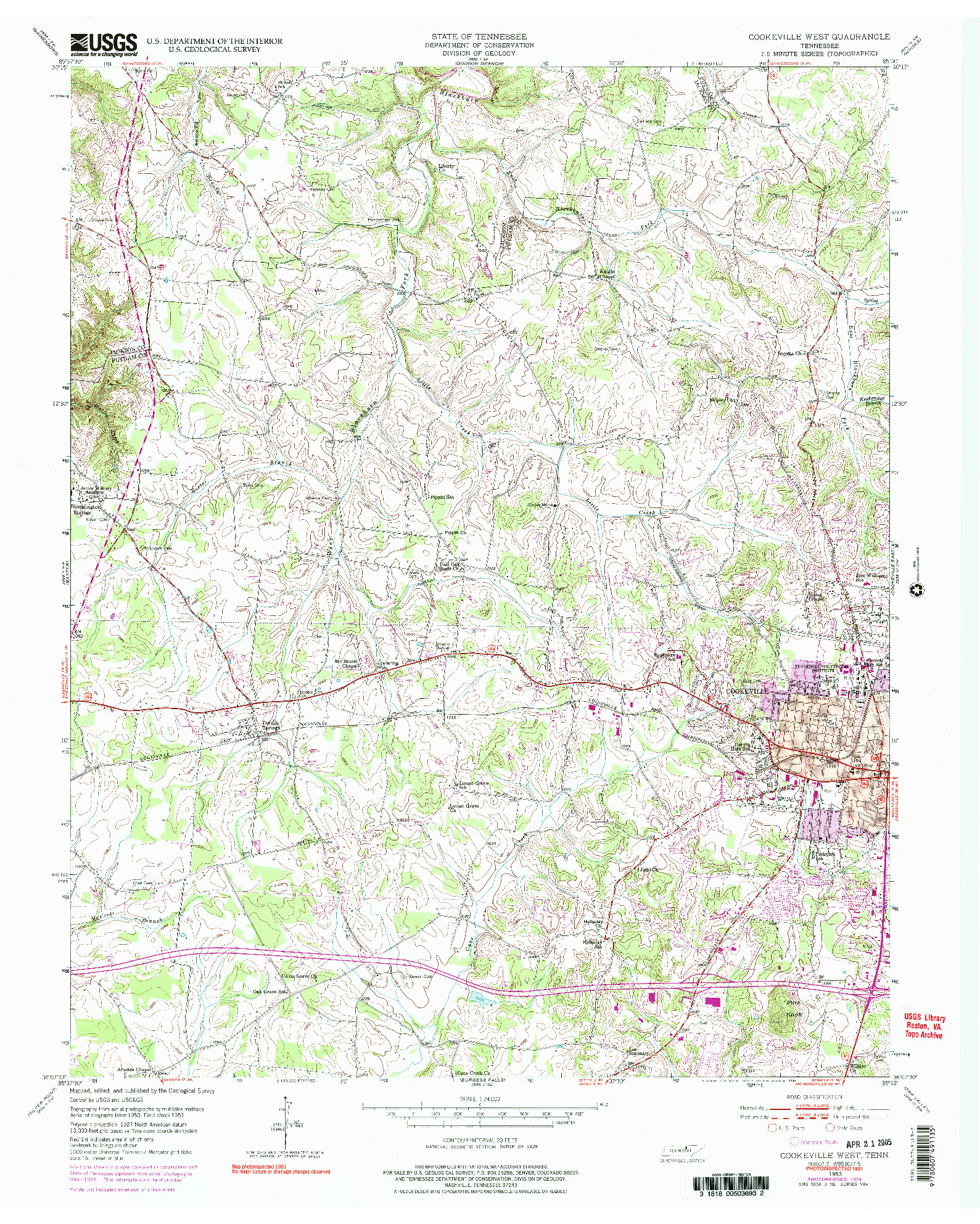 USGS 1:24000-SCALE QUADRANGLE FOR COOKEVILLE WEST, TN 1953