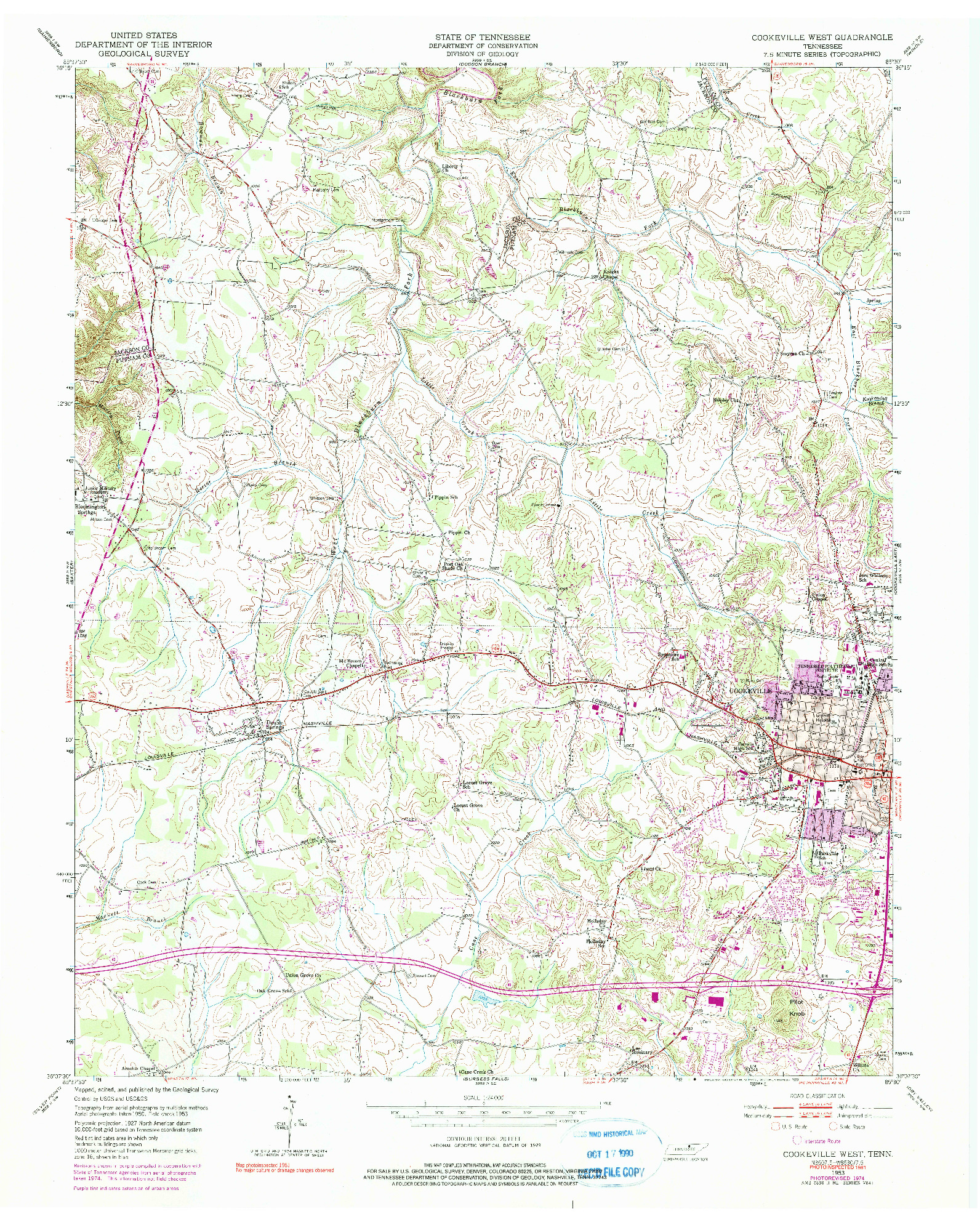 USGS 1:24000-SCALE QUADRANGLE FOR COOKEVILLE WEST, TN 1953