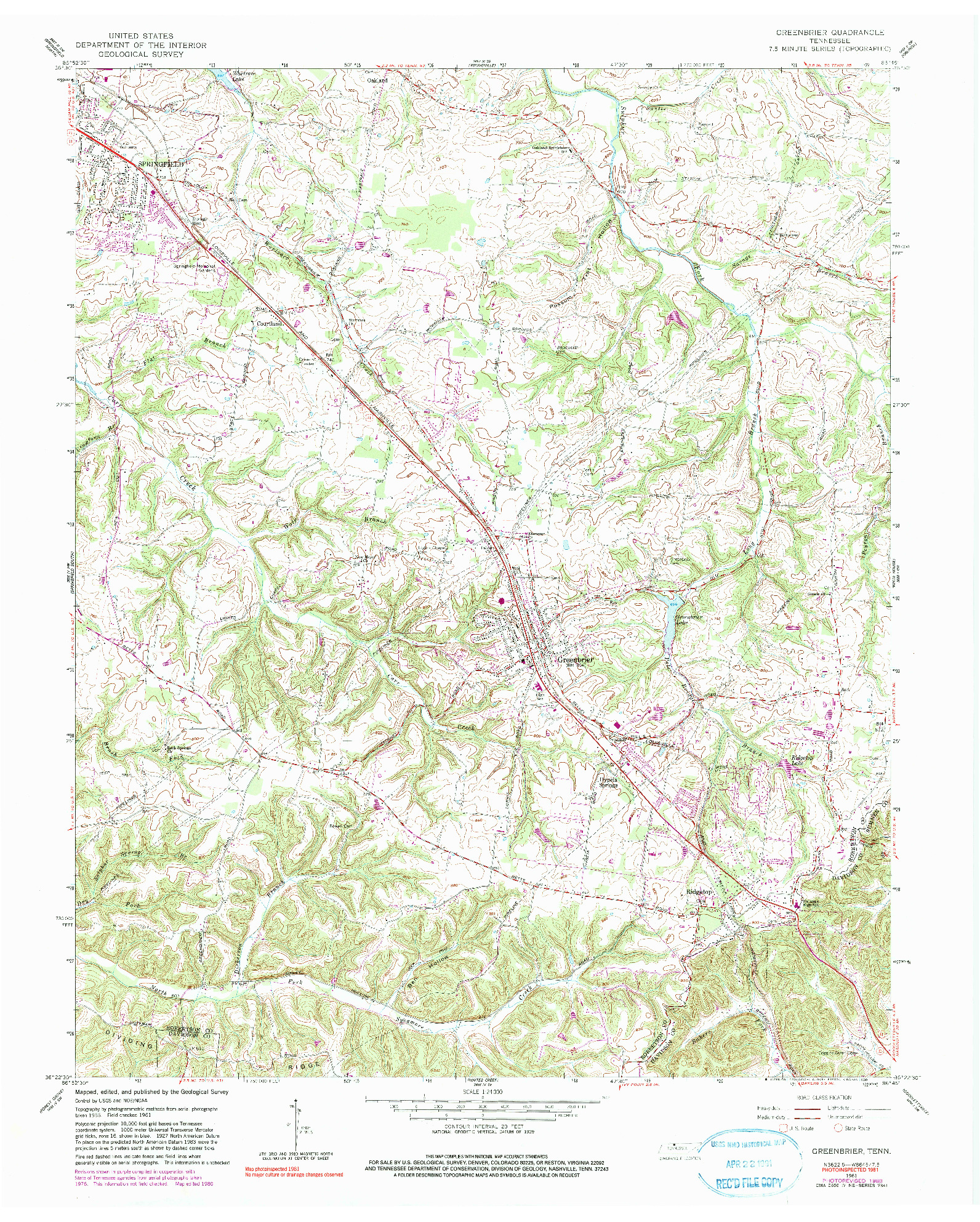 USGS 1:24000-SCALE QUADRANGLE FOR GREENBRIER, TN 1961