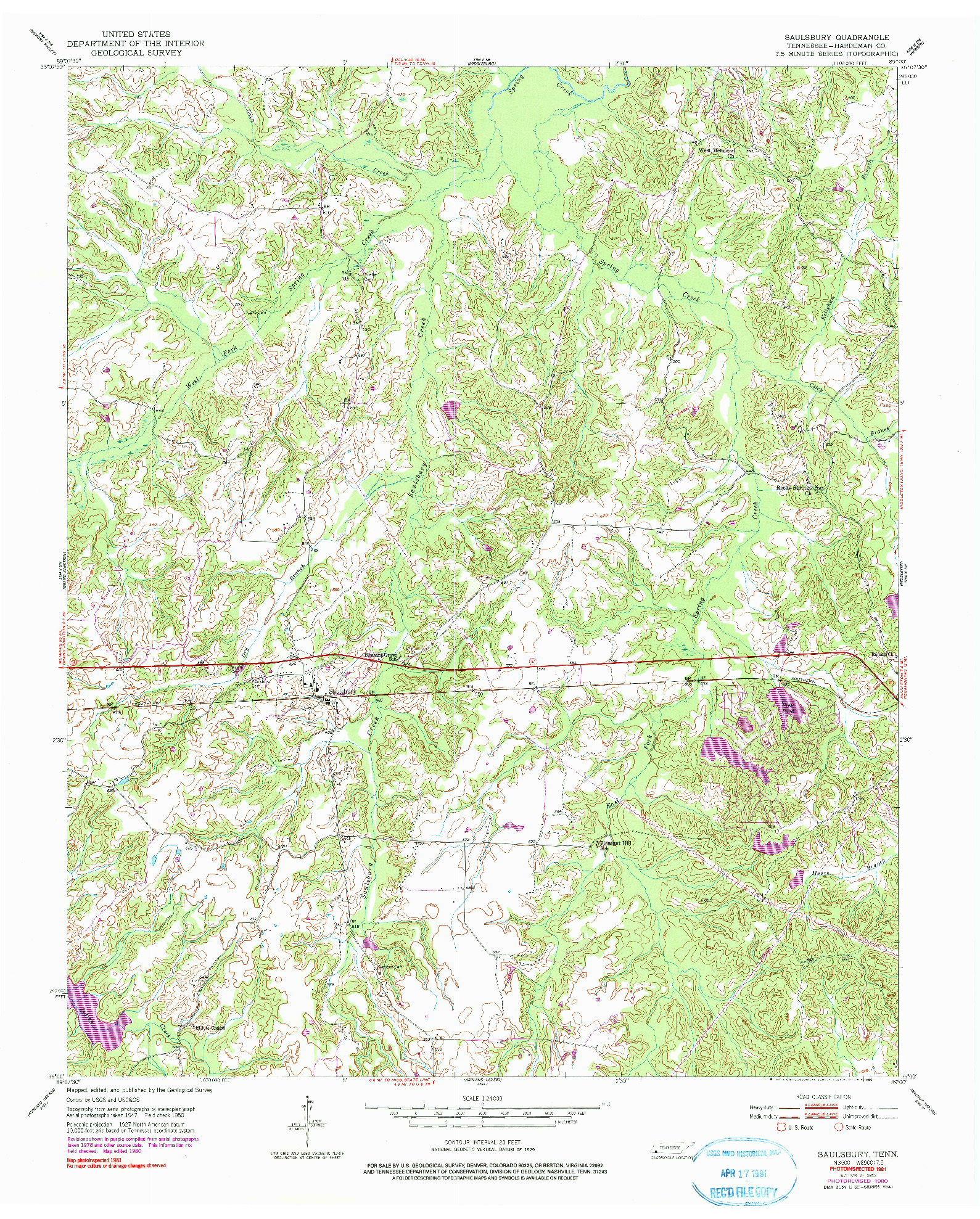 USGS 1:24000-SCALE QUADRANGLE FOR SAULSBURY, TN 1952
