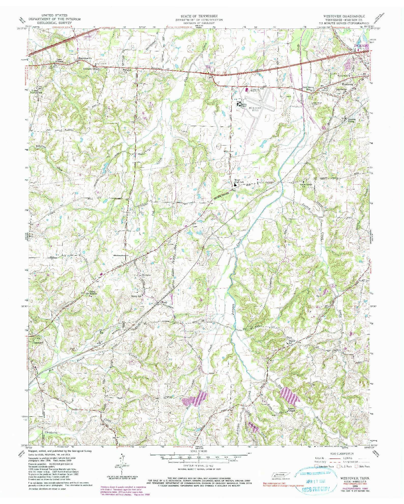 USGS 1:24000-SCALE QUADRANGLE FOR WESTOVER, TN 1959