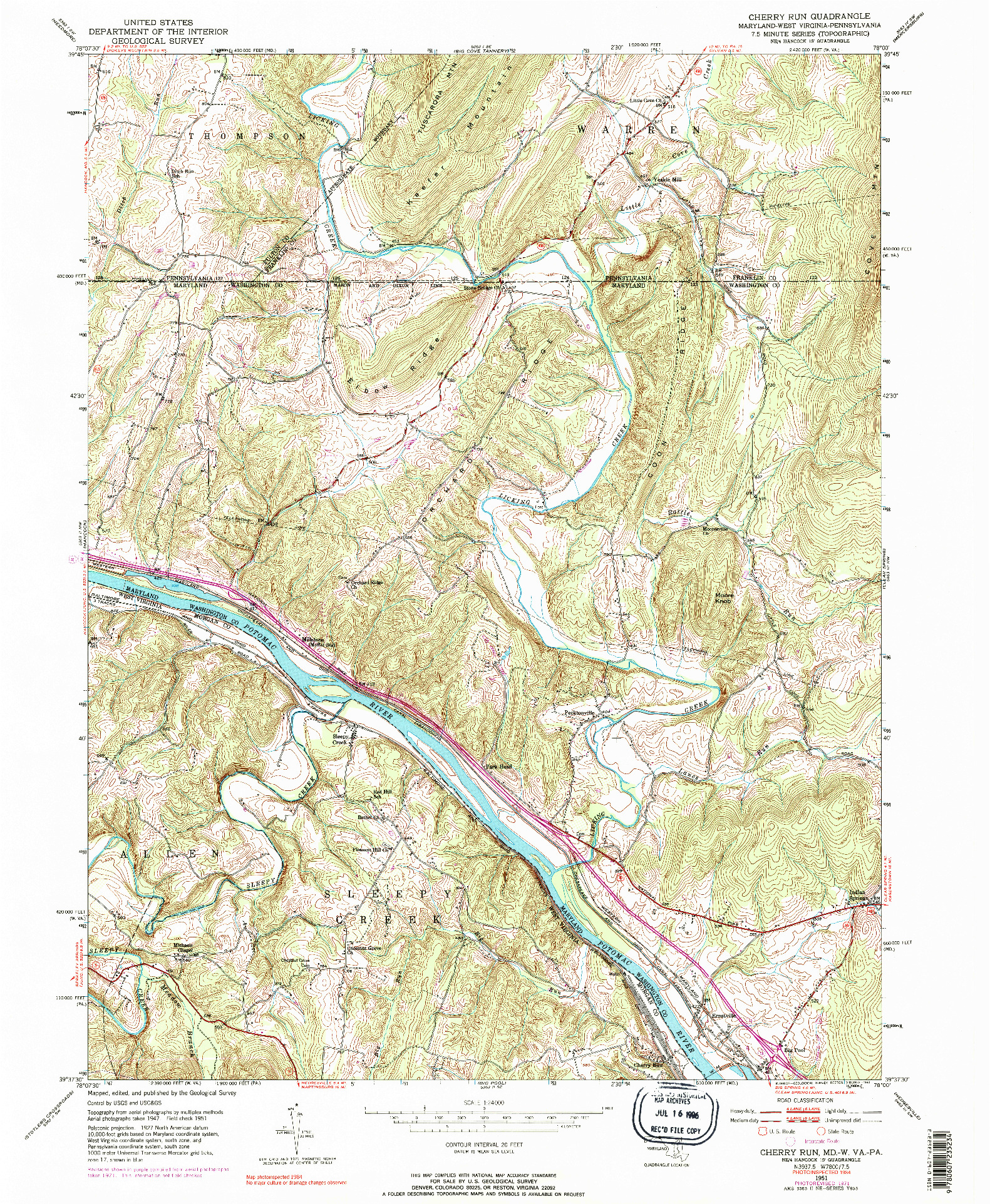 USGS 1:24000-SCALE QUADRANGLE FOR CHERRY RUN, MD 1951