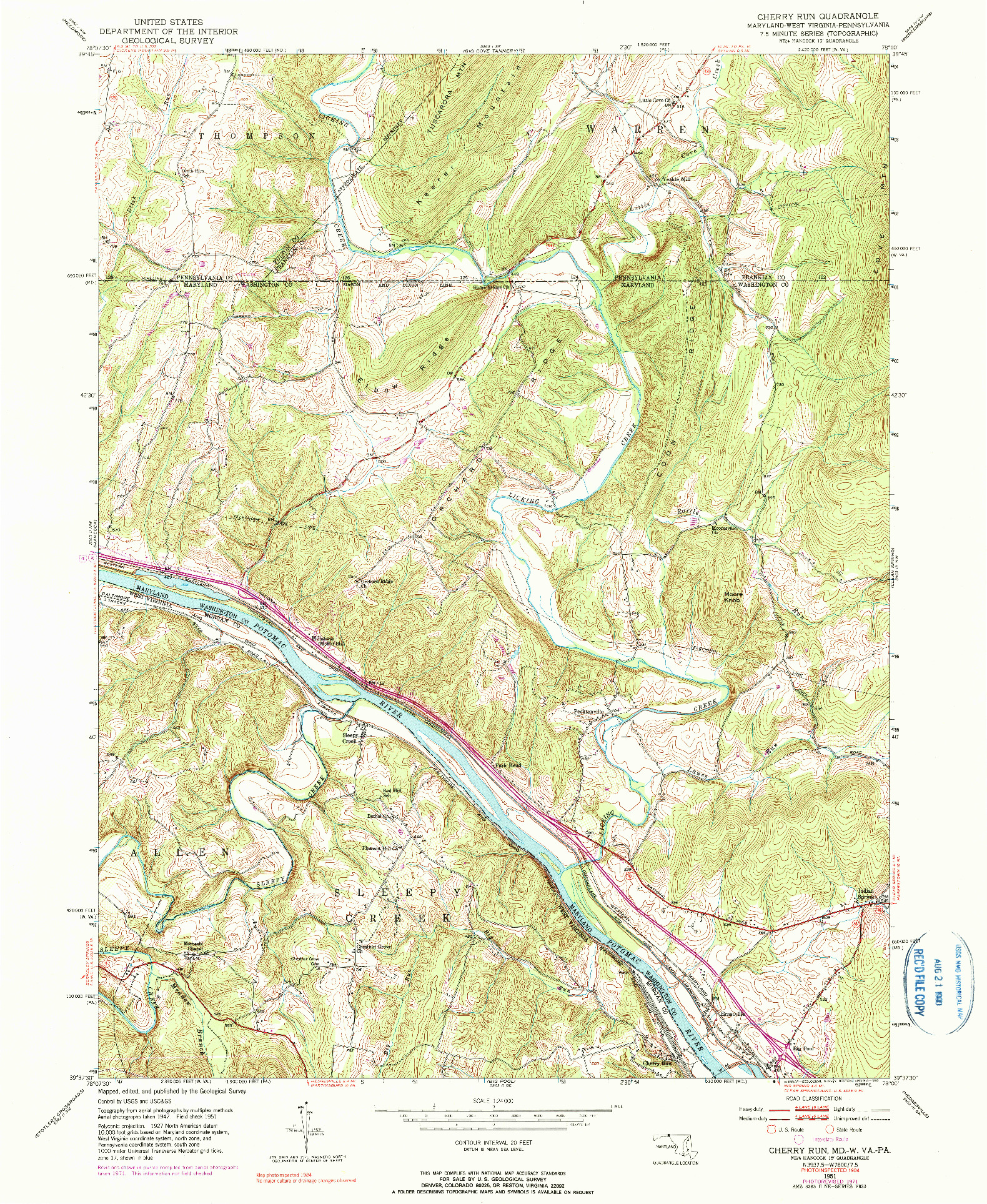 USGS 1:24000-SCALE QUADRANGLE FOR CHERRY RUN, MD 1951