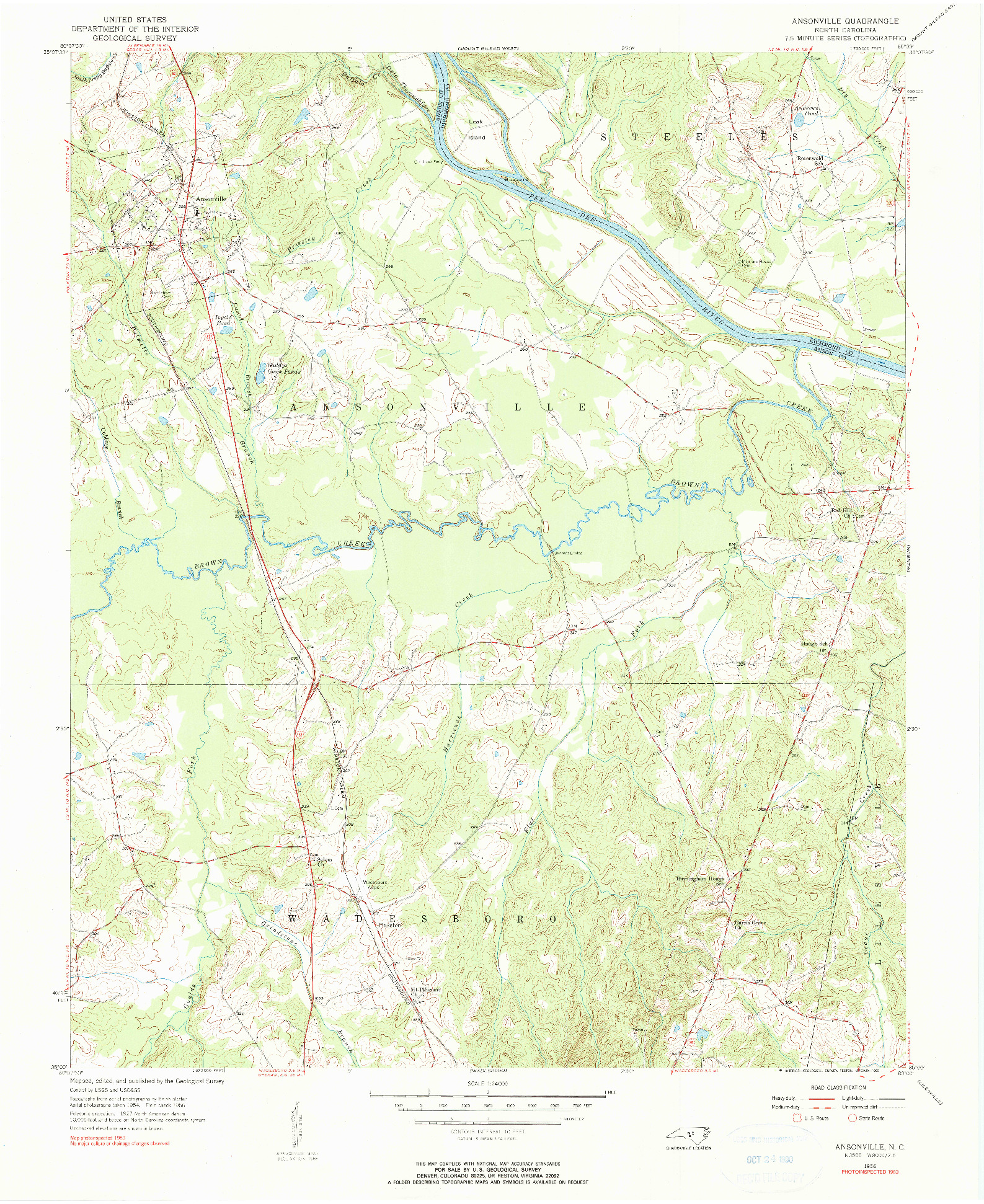 USGS 1:24000-SCALE QUADRANGLE FOR ANSONVILLE, NC 1956