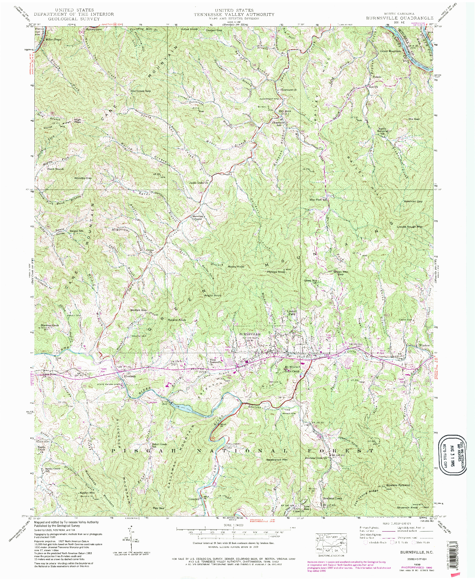 USGS 1:24000-SCALE QUADRANGLE FOR BURNSVILLE, NC 1939