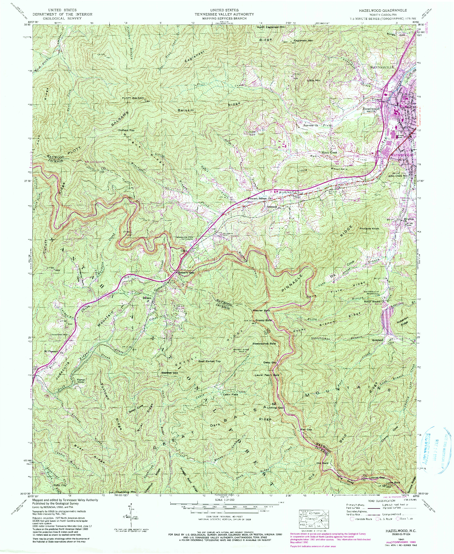USGS 1:24000-SCALE QUADRANGLE FOR HAZELWOOD, NC 1941