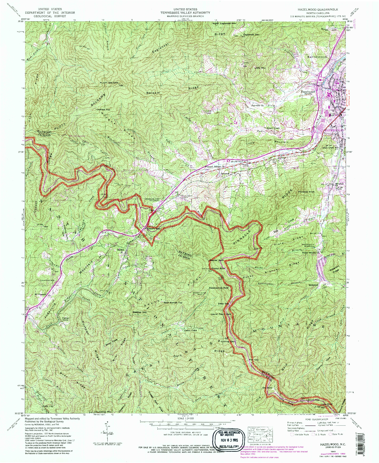 USGS 1:24000-SCALE QUADRANGLE FOR HAZELWOOD, NC 1941