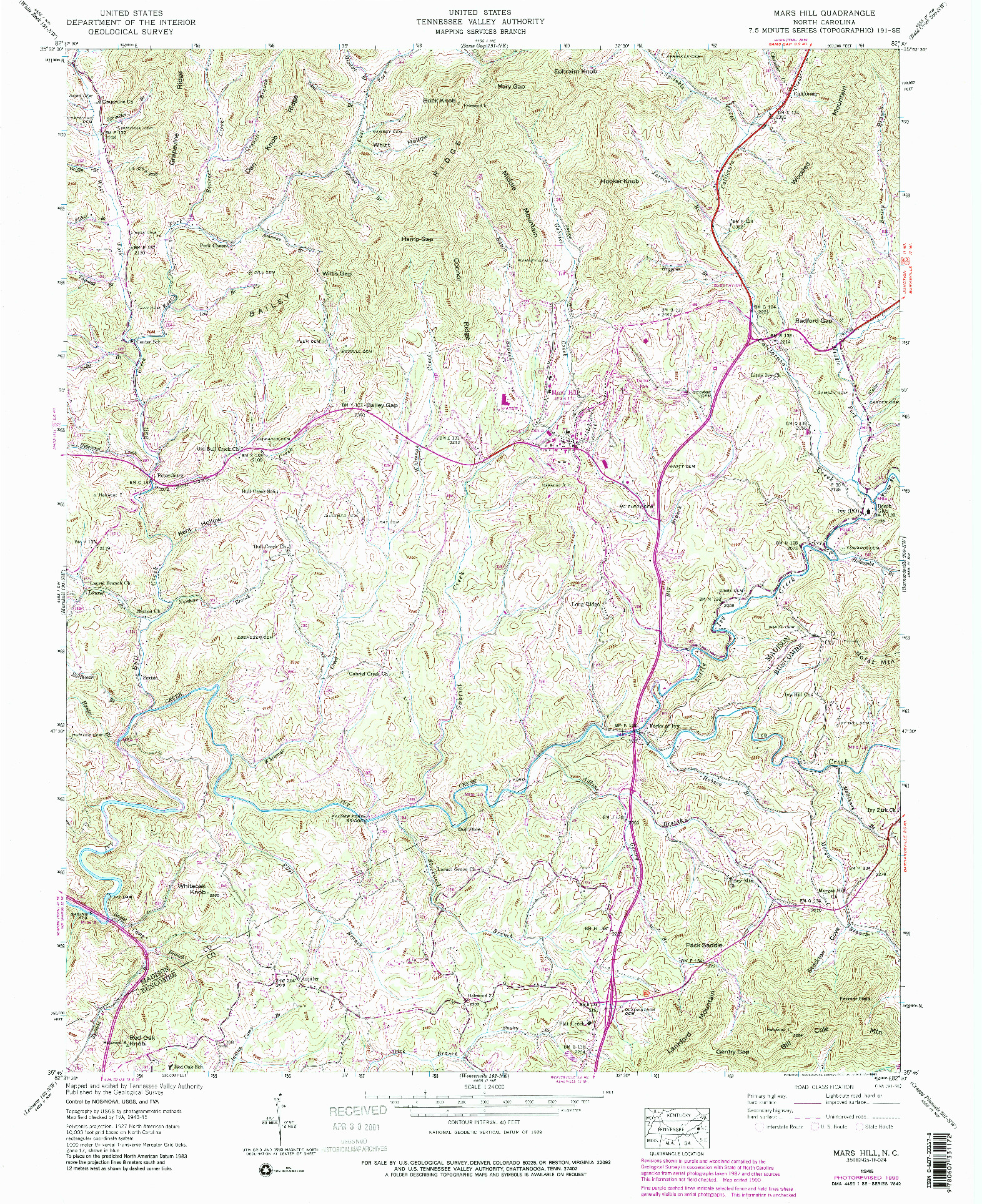 USGS 1:24000-SCALE QUADRANGLE FOR MARS HILL, NC 1945