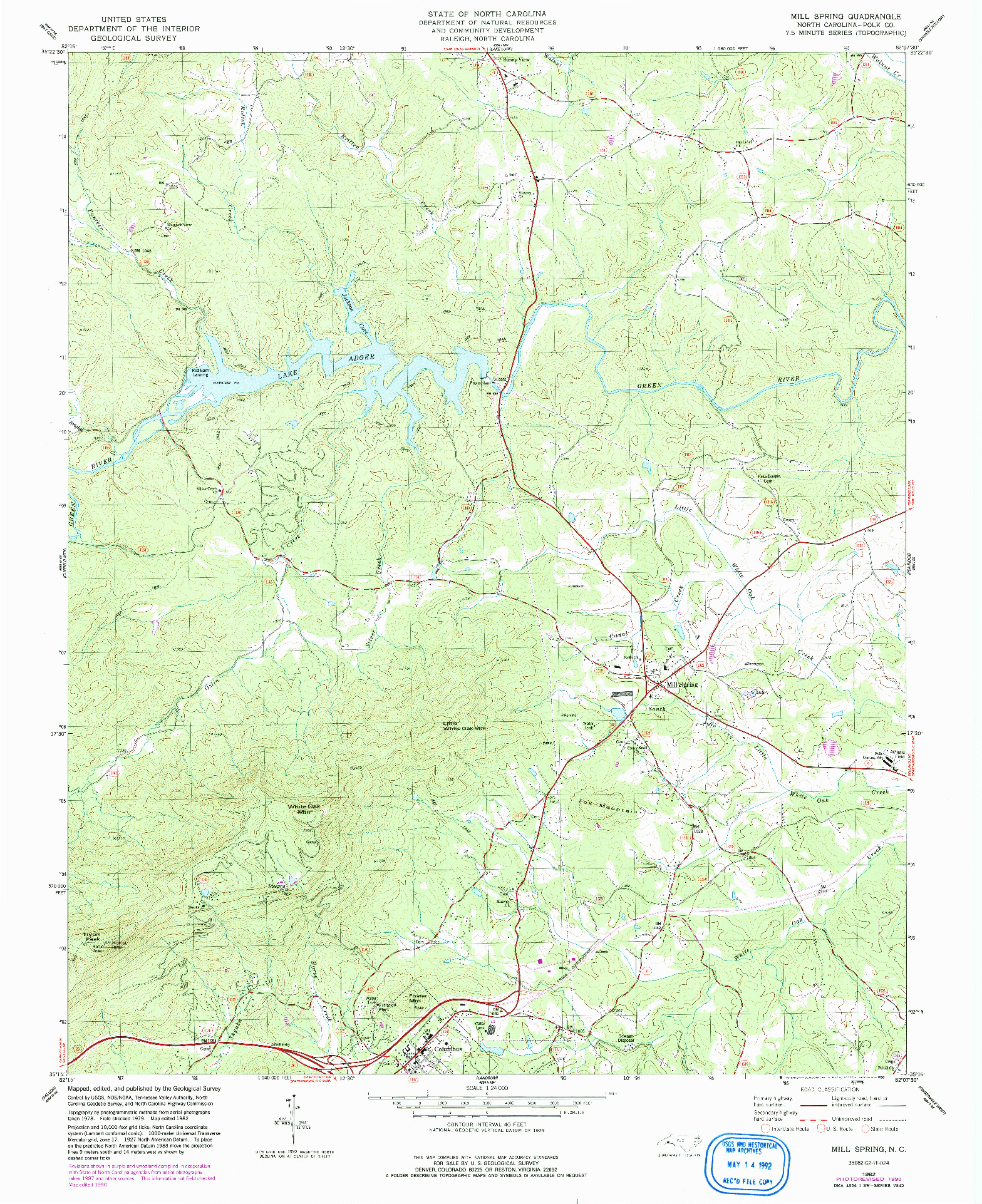 USGS 1:24000-SCALE QUADRANGLE FOR MILL SPRING, NC 1982