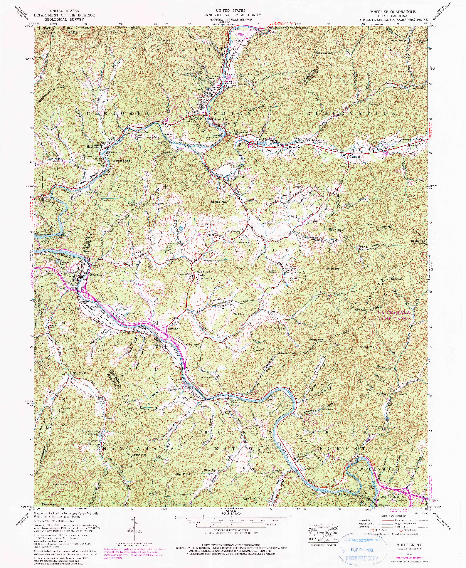 USGS 1:24000-SCALE QUADRANGLE FOR WHITTIER, NC 1967