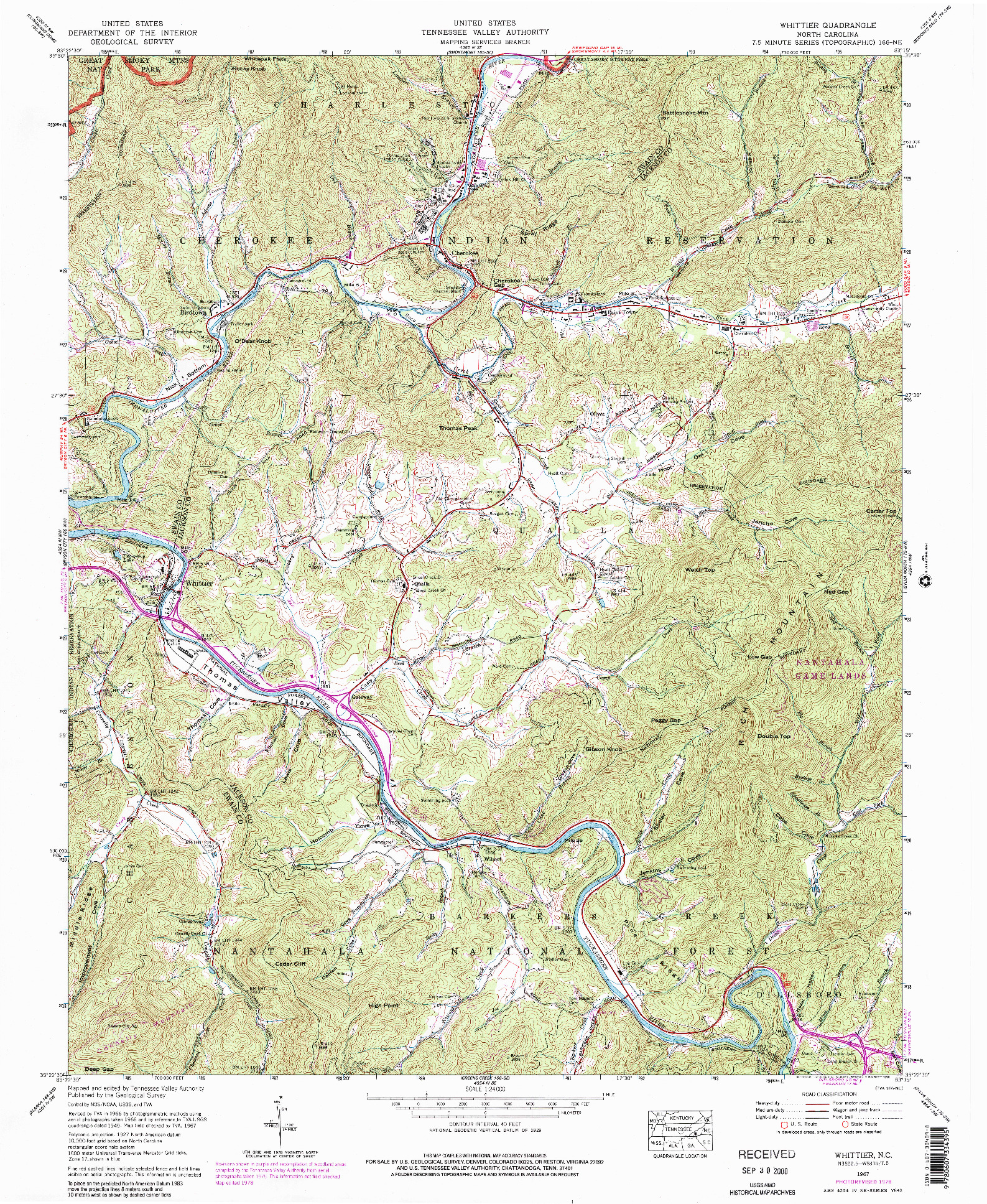 USGS 1:24000-SCALE QUADRANGLE FOR WHITTIER, NC 1967