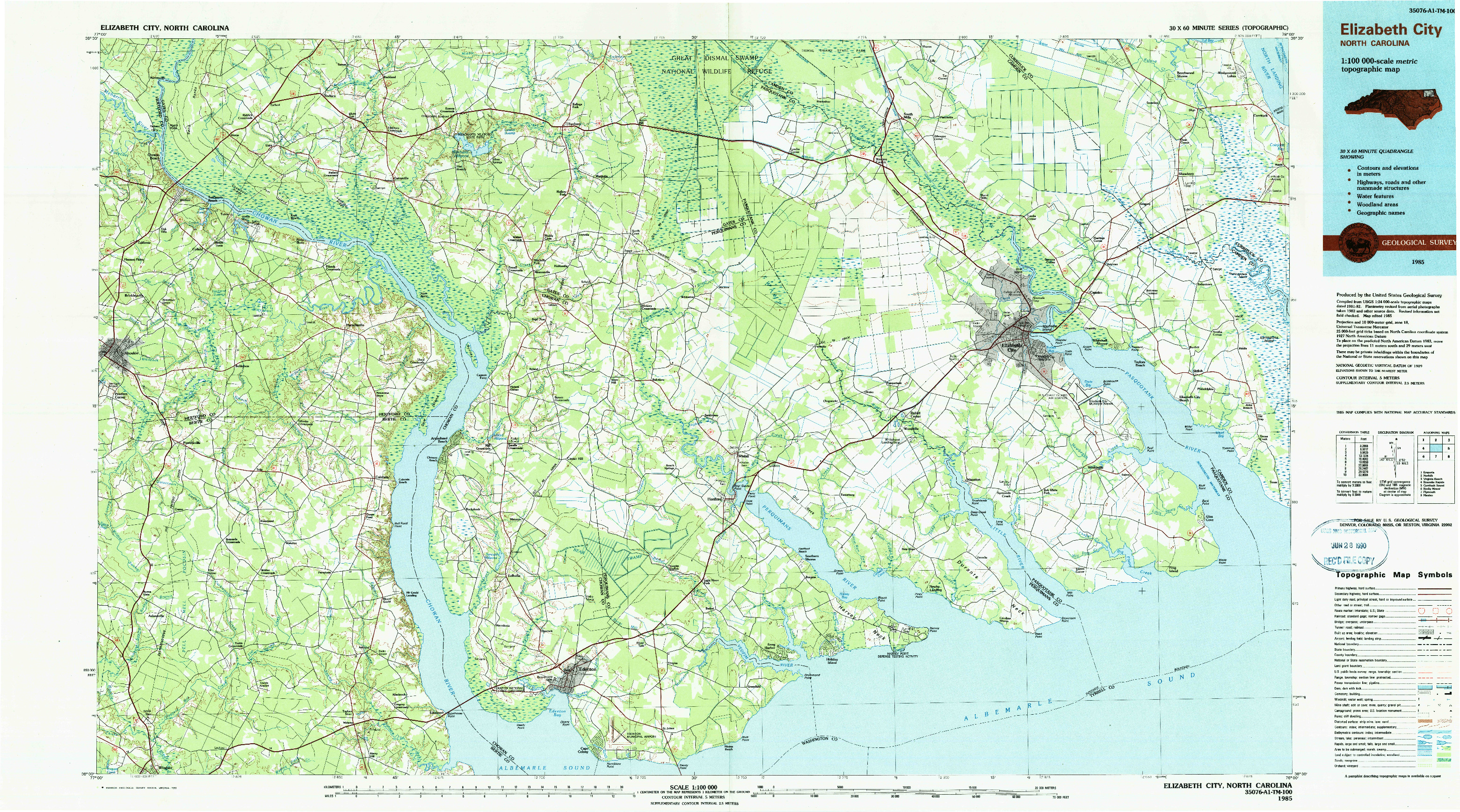 USGS 1:100000-SCALE QUADRANGLE FOR ELIZABETH CITY, NC 1985