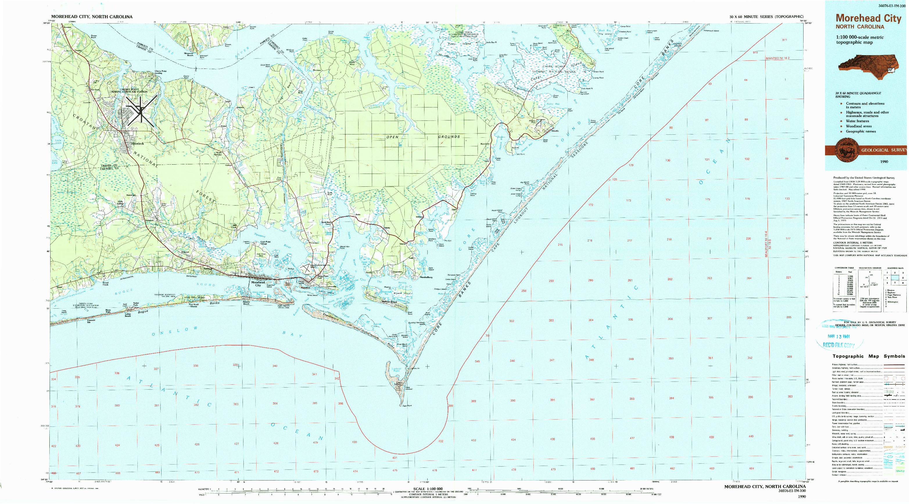 USGS 1:100000-SCALE QUADRANGLE FOR MOREHEAD CITY, NC 1990