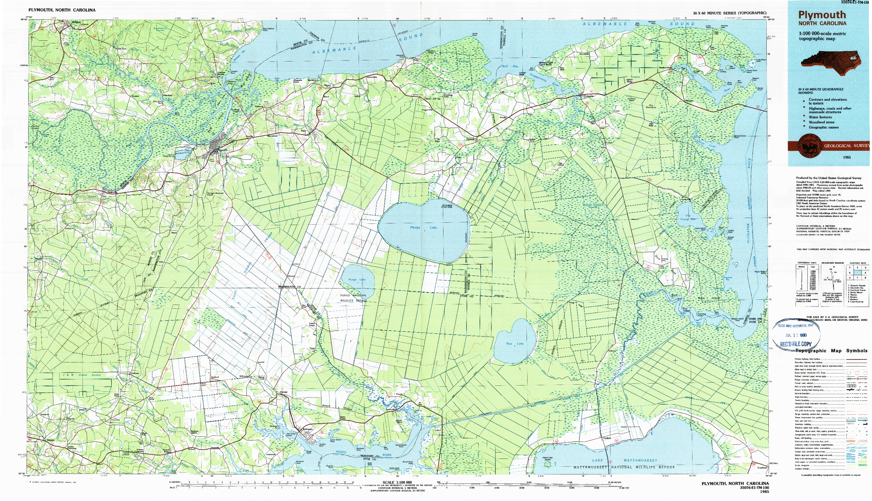USGS 1:100000-SCALE QUADRANGLE FOR PLYMOUTH, NC 1985