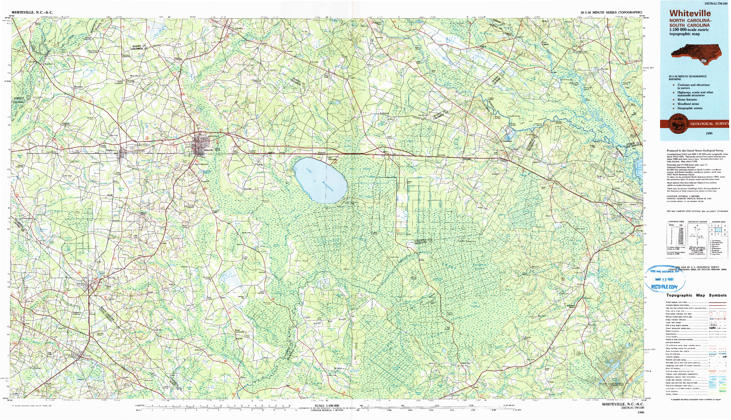 USGS 1:100000-SCALE QUADRANGLE FOR WHITEVILLE, NC 1990